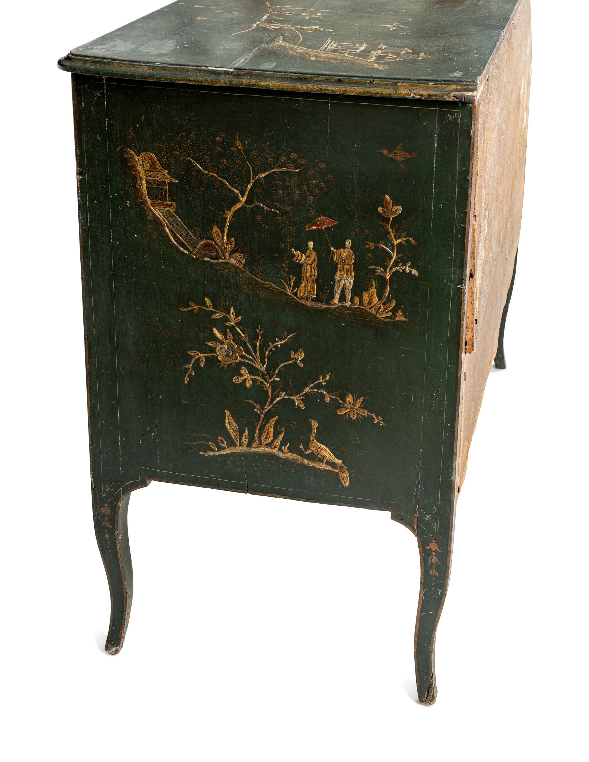 A North Italian Green Japanned Three-Drawer Commode