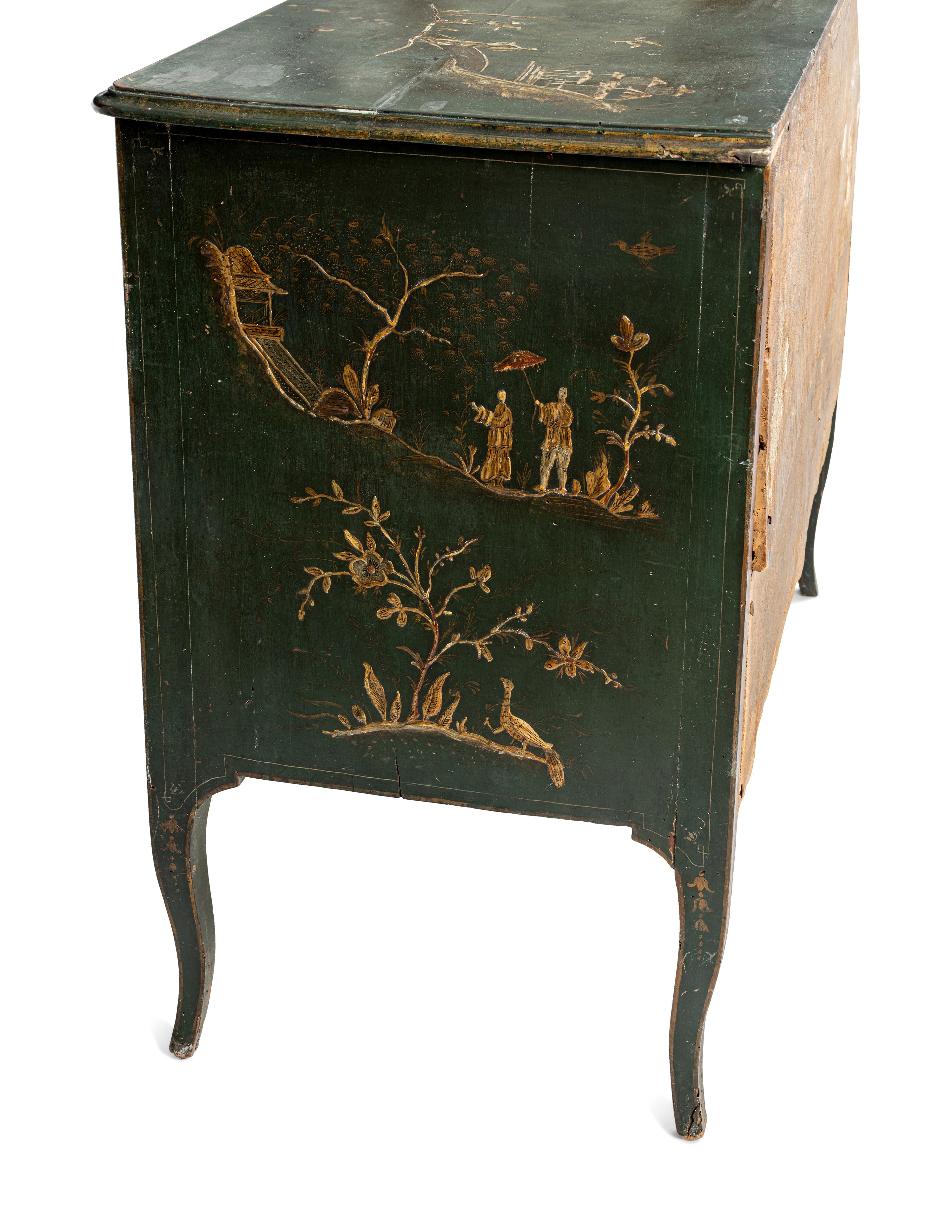 A North Italian Green Japanned Three-Drawer Commode