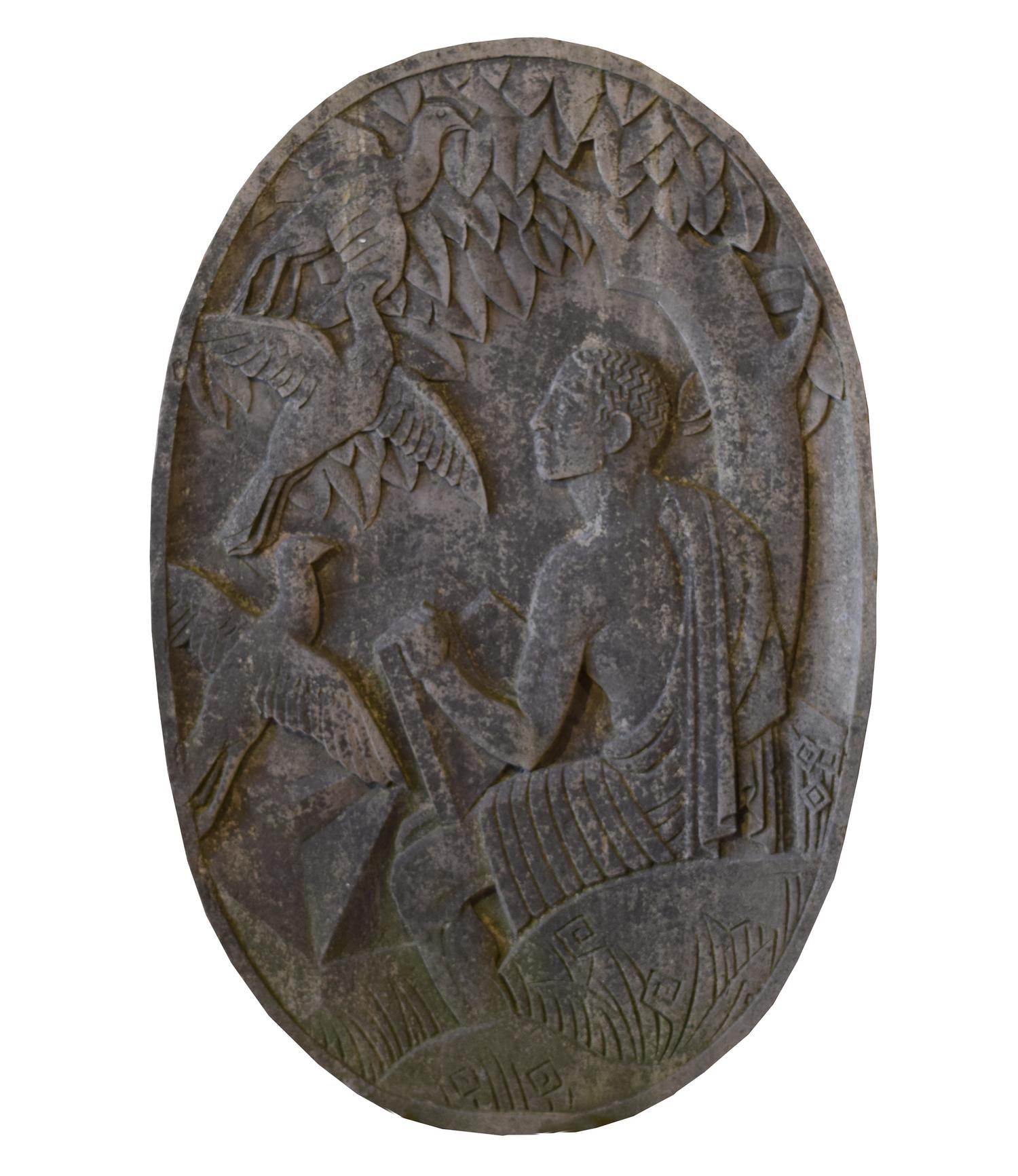 A Limestone Architectural Medallion from a Milwaukee Public School Building 31" W x 5.5" D x 47" H — United States, Circa 1940