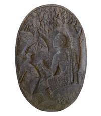 A Limestone Architectural Medallion from a Milwaukee Public School Building 31" W x 5.5" D x 47" H — United States, Circa 1940