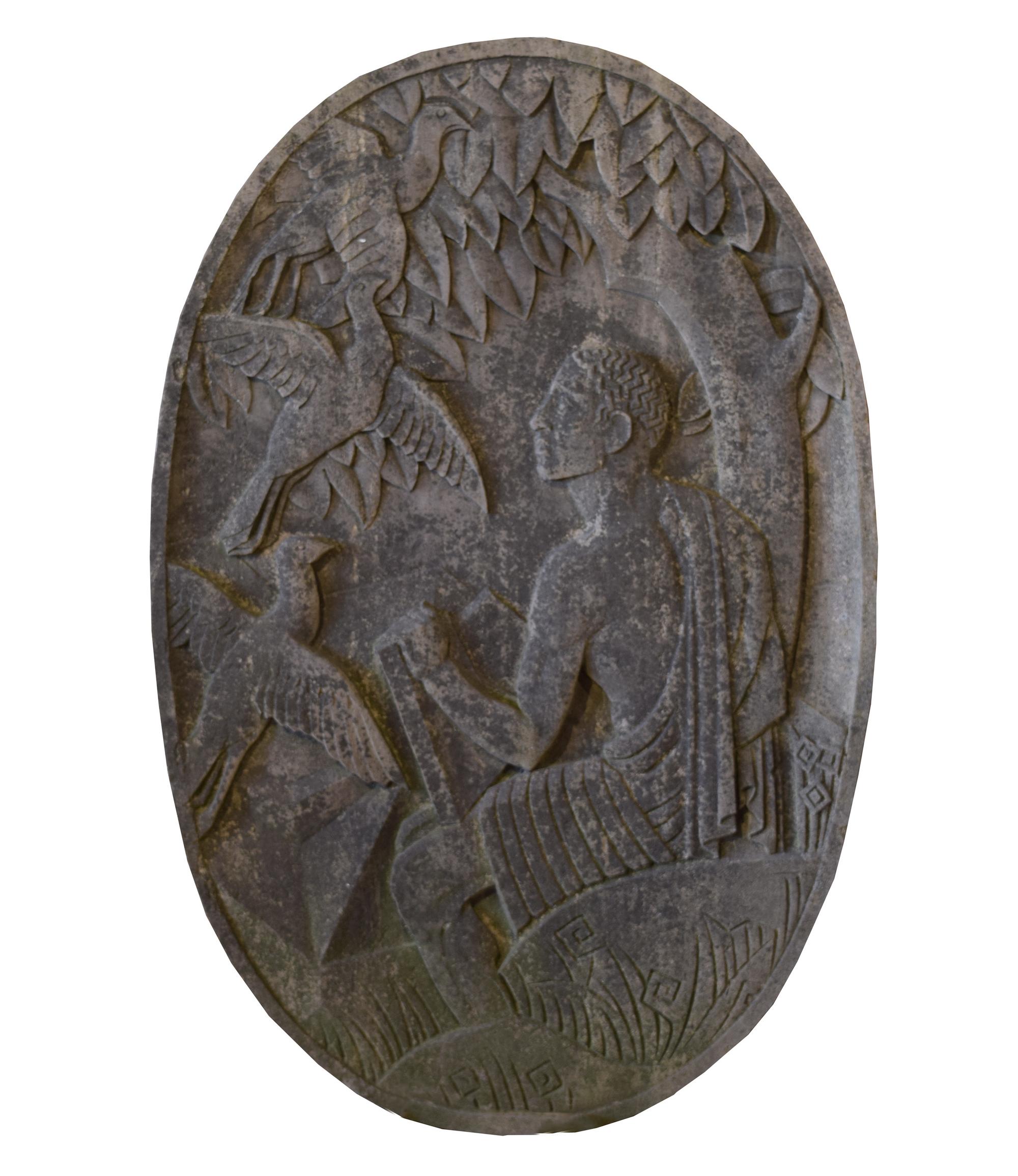 A Limestone Architectural Medallion from a Milwaukee Public School Building 31" W x 5.5" D x 47" H — United States, Circa 1940
