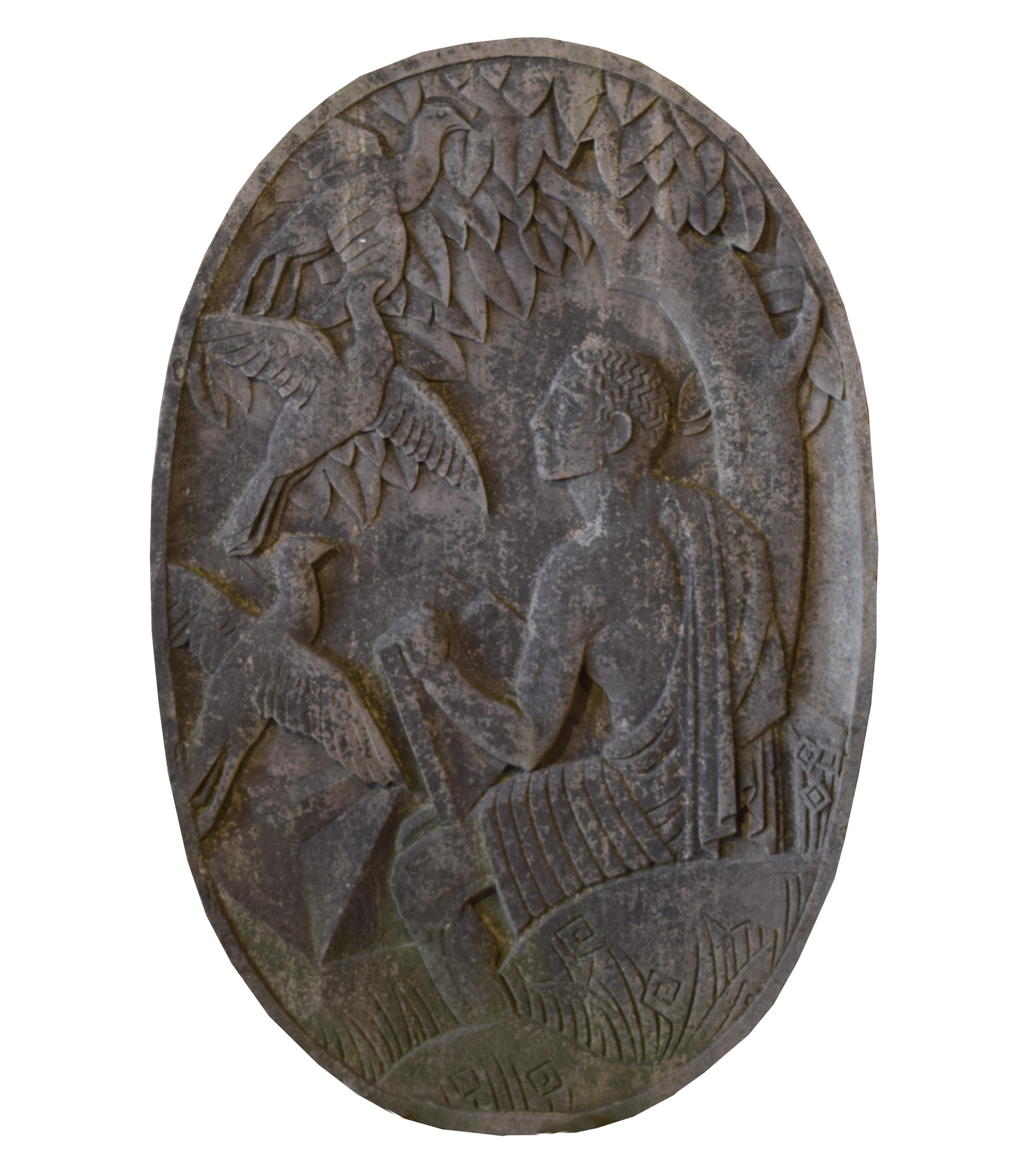 A Limestone Architectural Medallion from a Milwaukee Public School Building 31" W x 5.5" D x 47" H — United States, Circa 1940