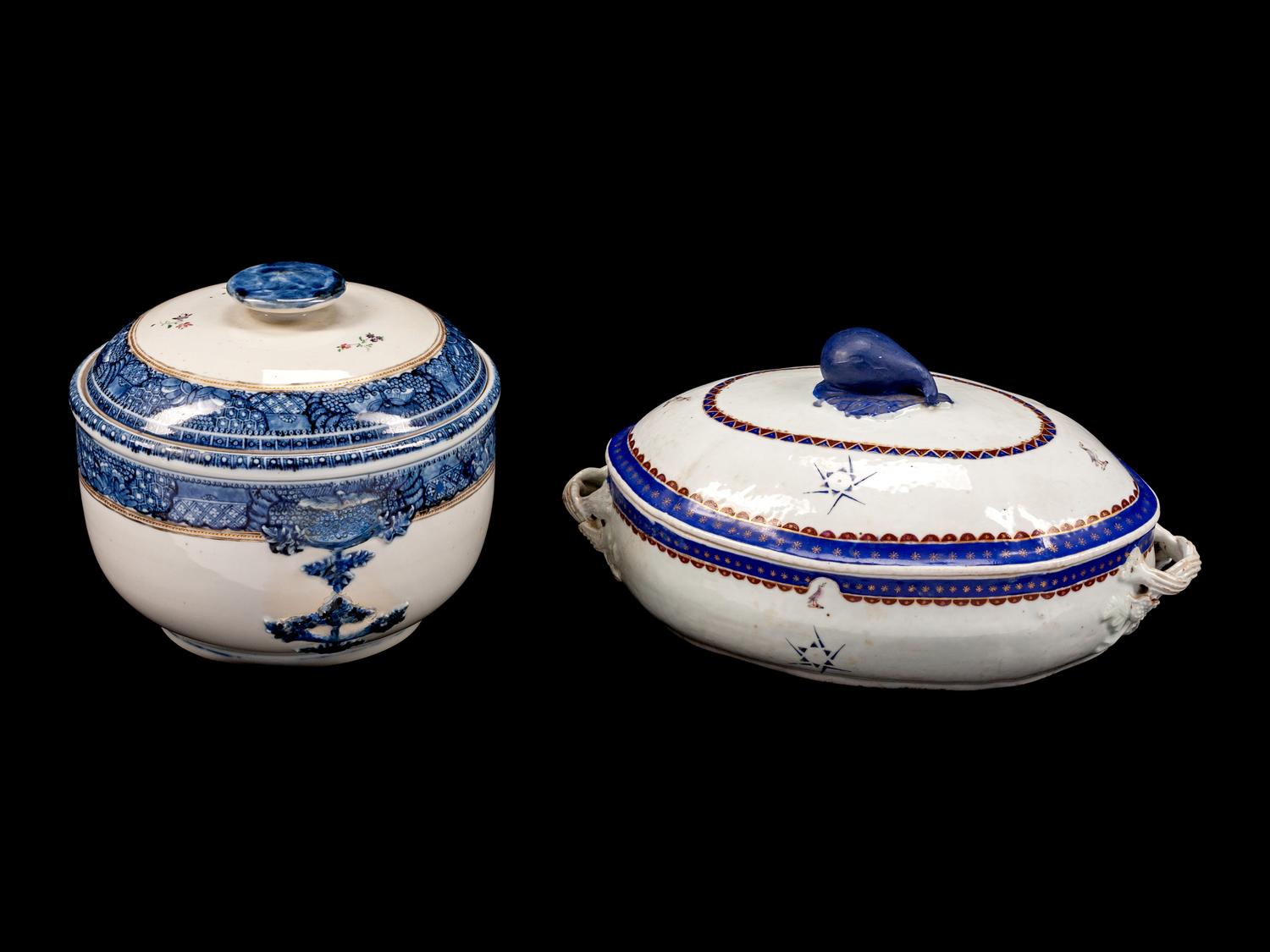 Two Chinese Export Blue and White Porcelain Tureens and Covers
