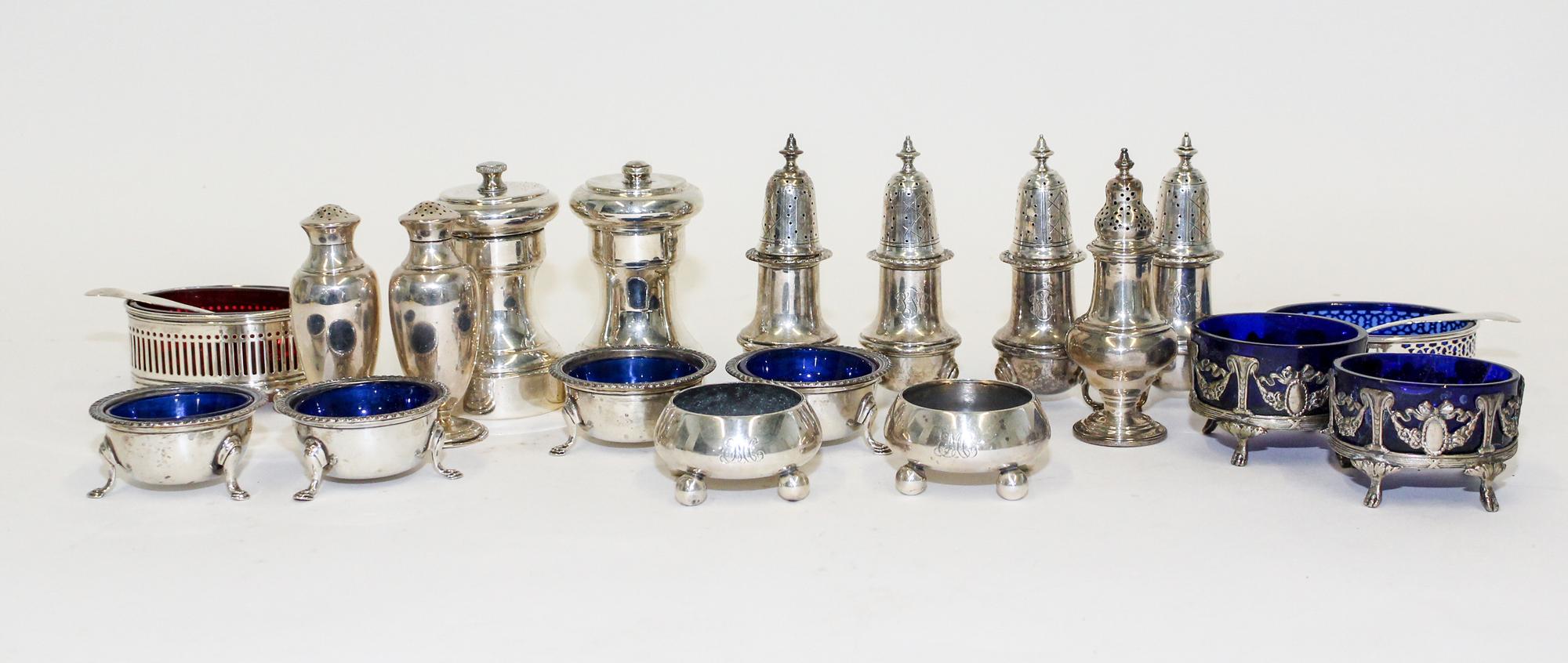 A Collection of Silver Casters and Salt Cellars, English & American, Various Makers,