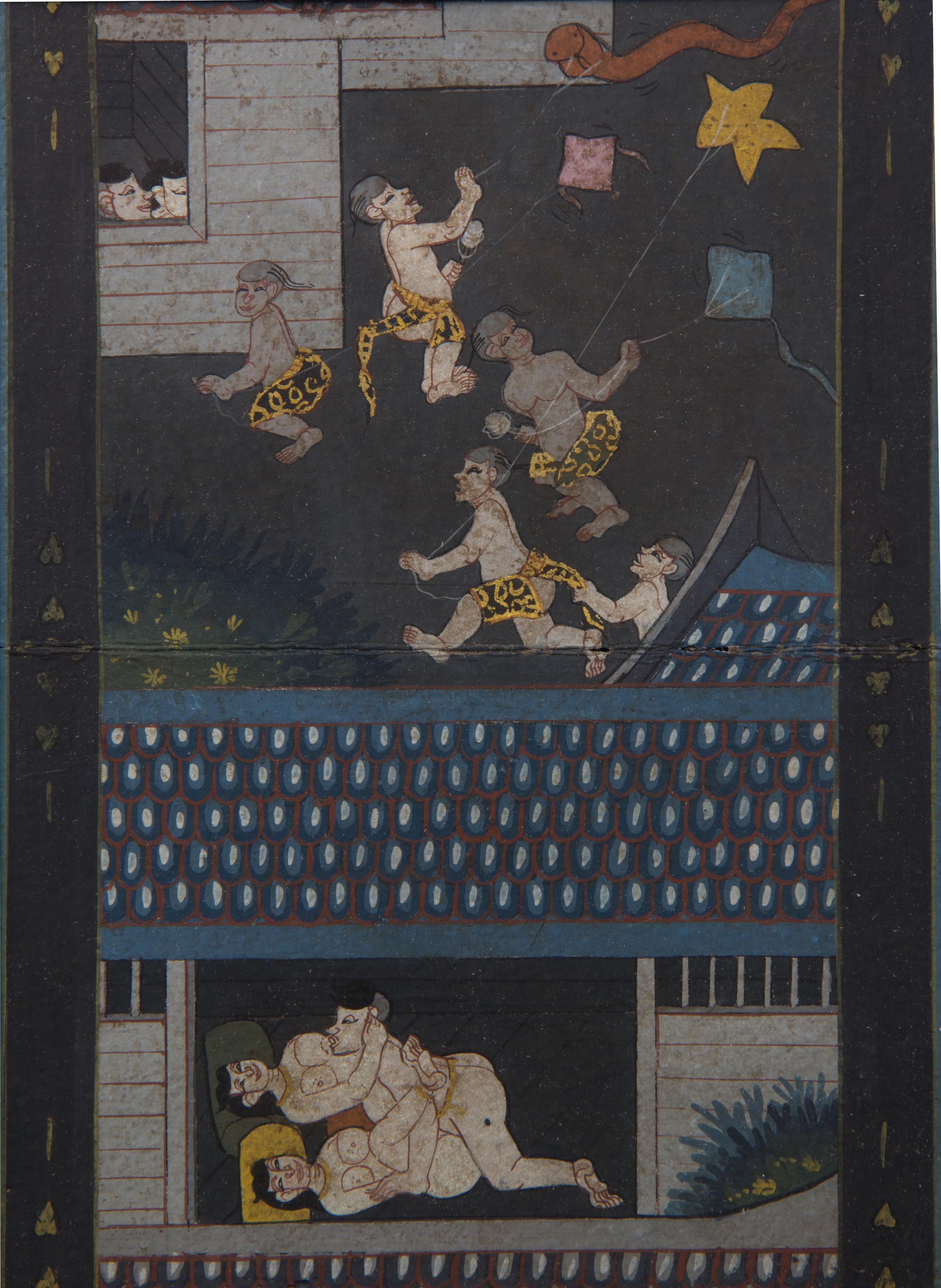 A Pair of Southeast Asian Erotic Miniature Paintings Height 10 1/4 x width 7 1/2 inches.