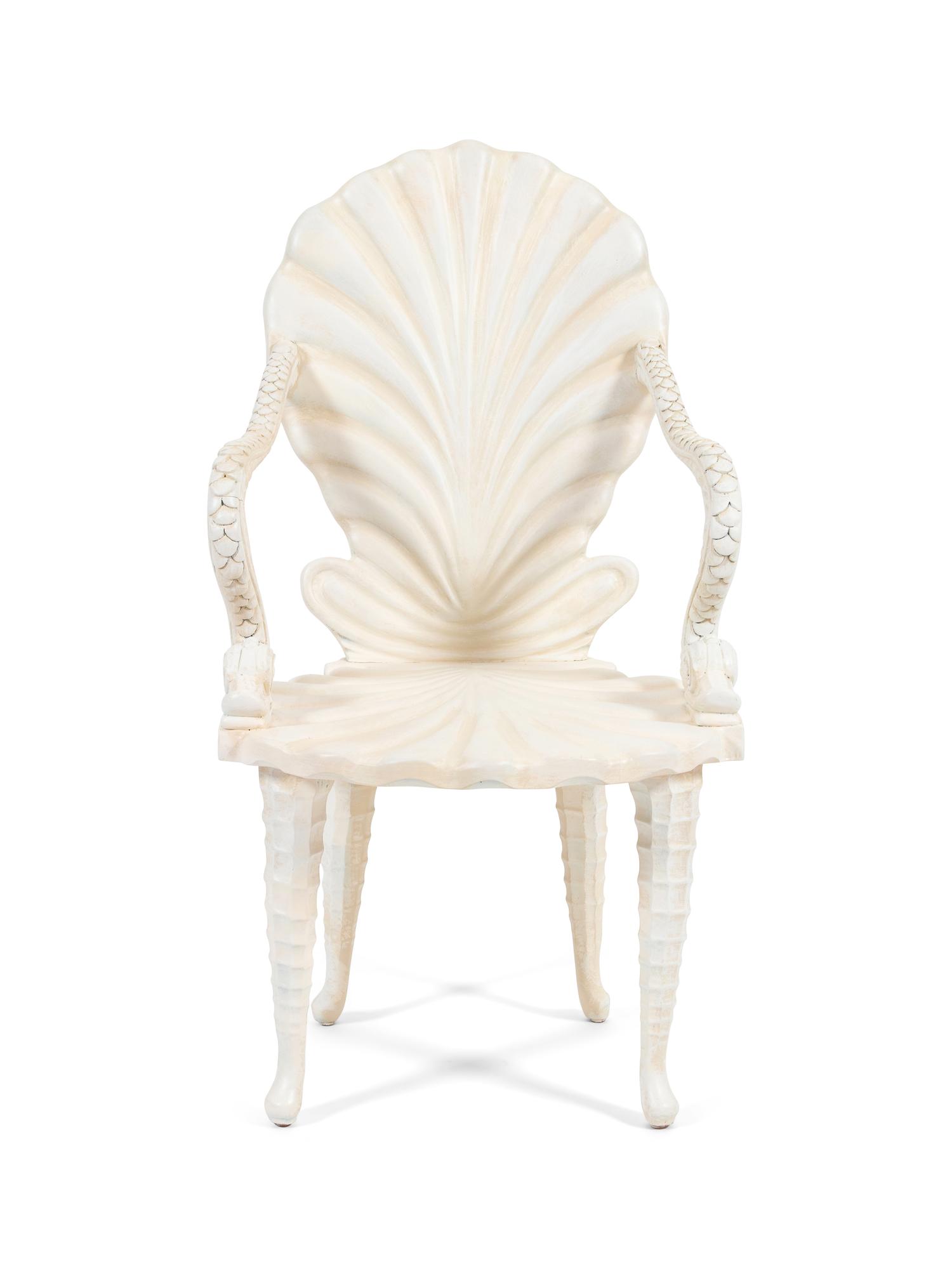 A Grotto Style Carved and Painted Shell-Back Open Armchair — 20TH CENTURY