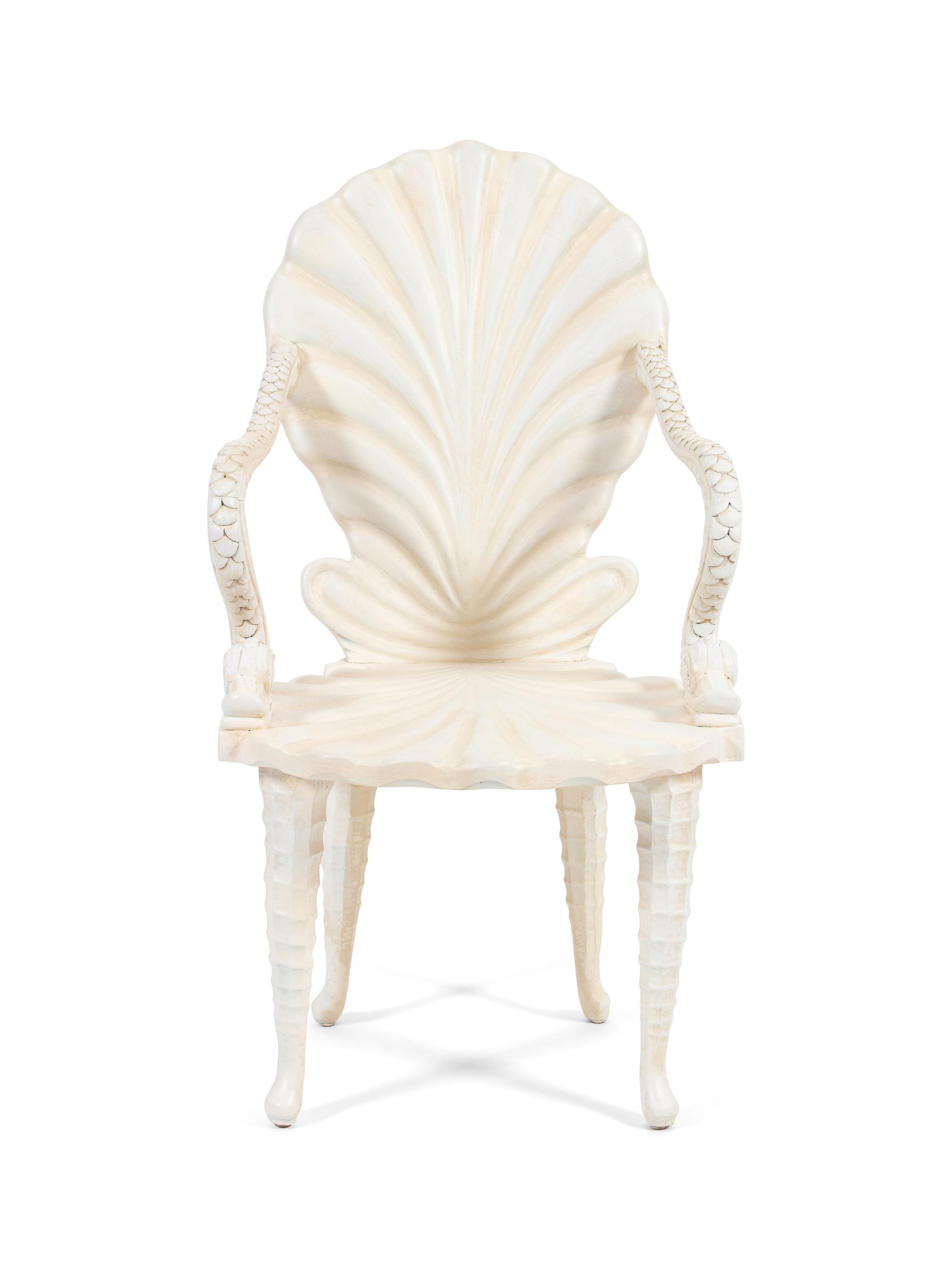 A Grotto Style Carved and Painted Shell-Back Open Armchair — 20TH CENTURY