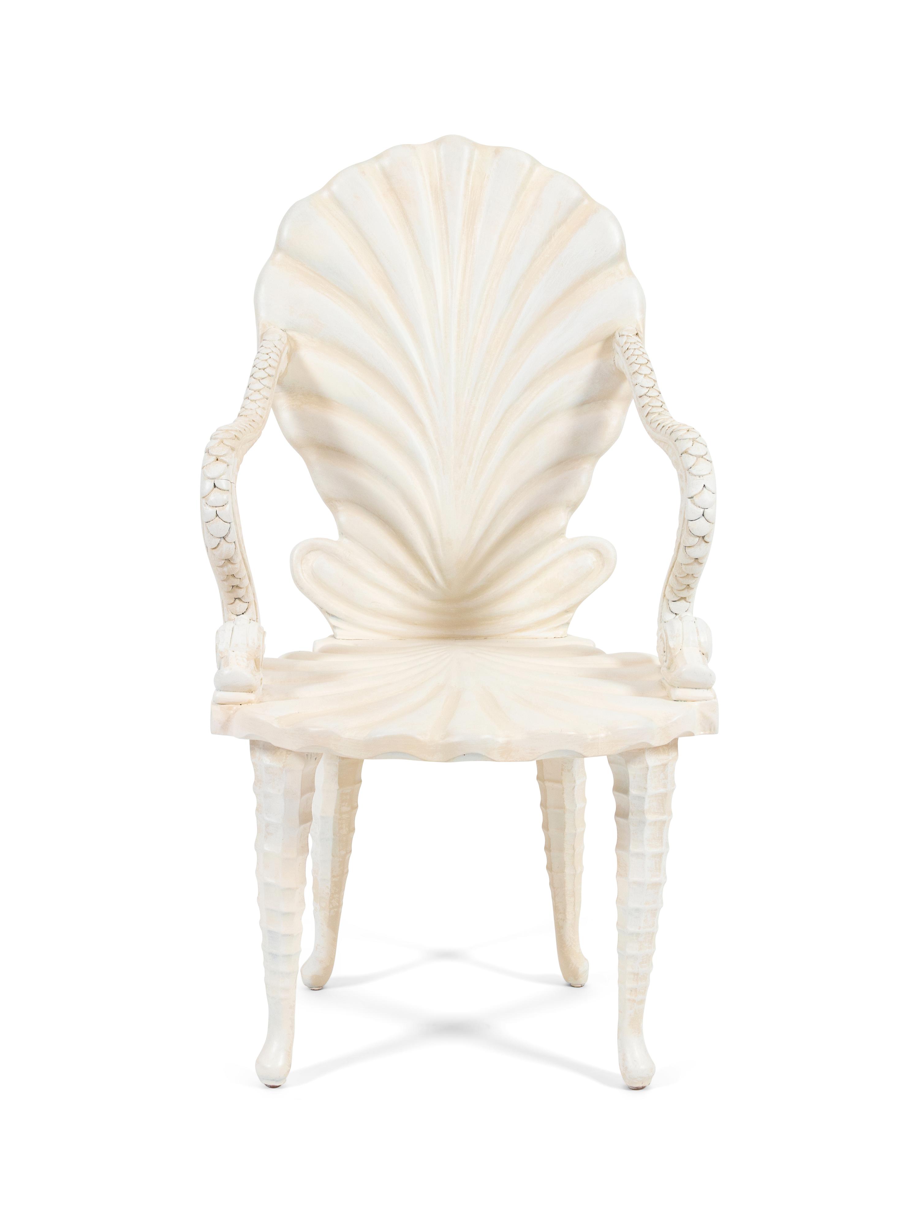A Grotto Style Carved and Painted Shell-Back Open Armchair — 20TH CENTURY