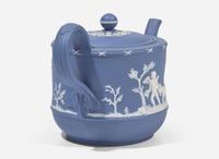 A Turner & Co. Solid Blue Engine Turned Jasperware Teapot, UK, circa 1790-1800