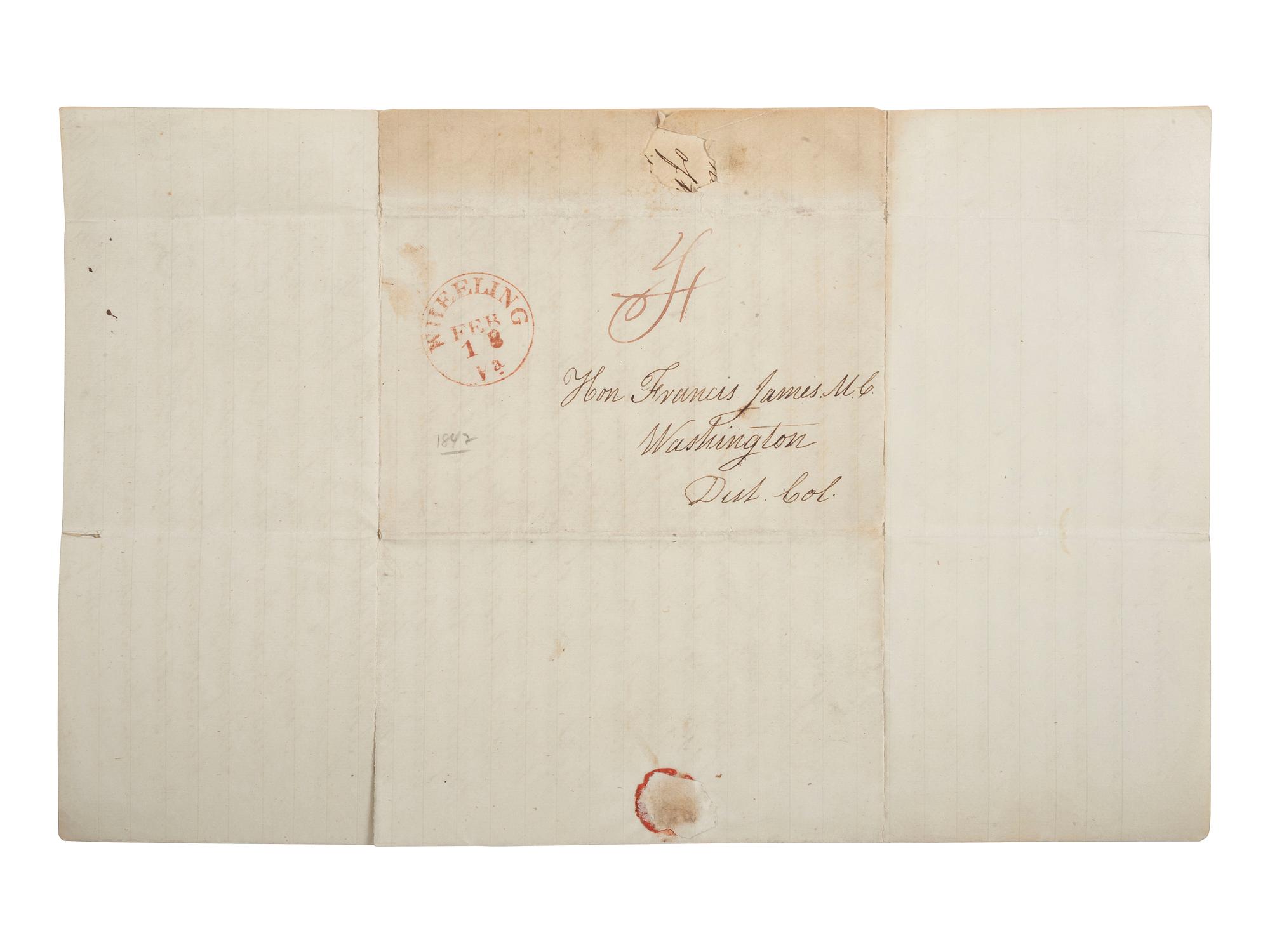 [SLAVERY & ABOLITION -- AMISTAD]. McCLEAN, Arch. Autograph letter signed ("Arch McClean"), to Congressman Francis JAMES (1799-1886). Grave Creek, VA, 16 February 1842. Discussing the Amistad case.