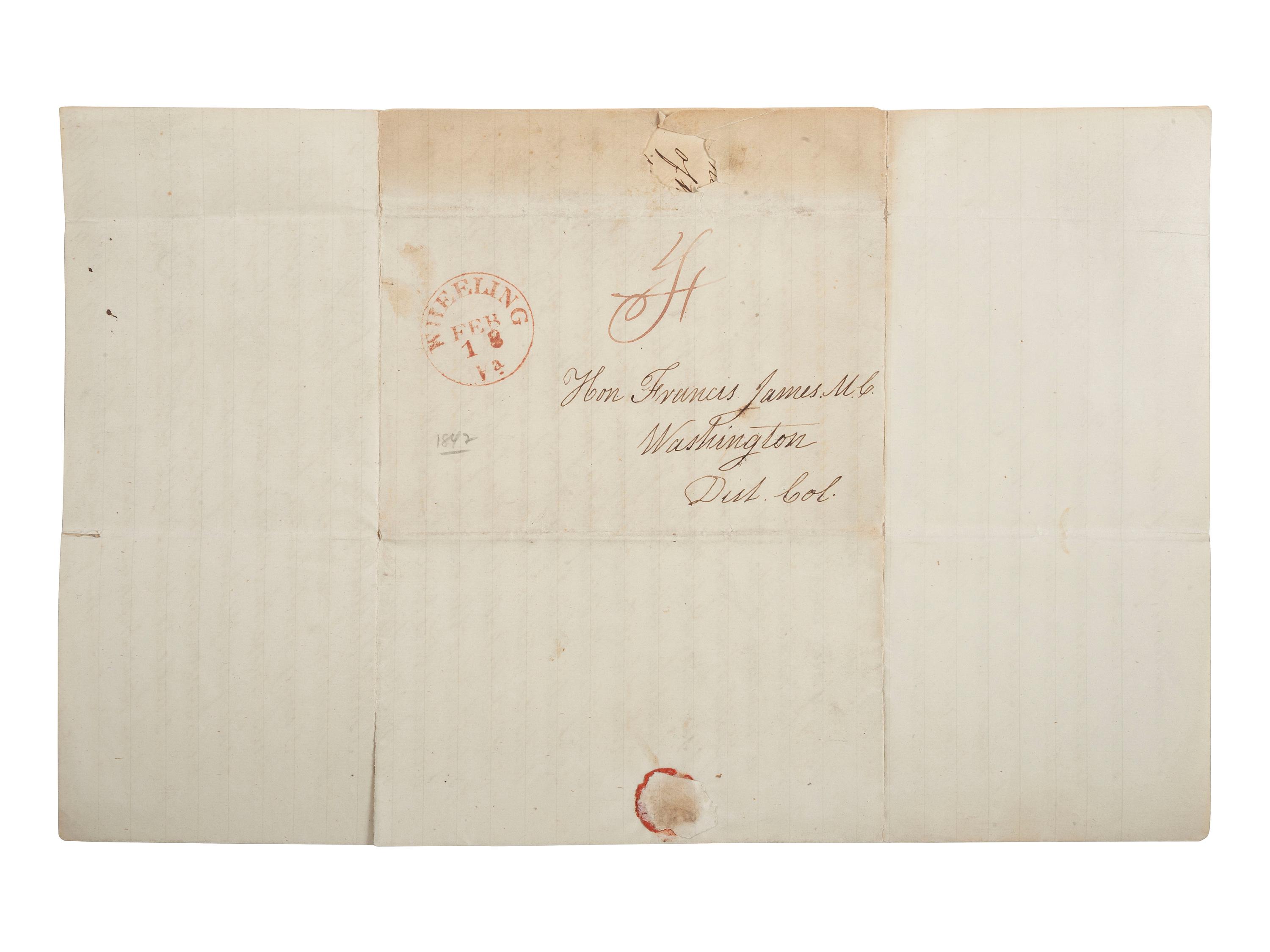 [SLAVERY & ABOLITION -- AMISTAD]. McCLEAN, Arch. Autograph letter signed ("Arch McClean"), to Congressman Francis JAMES (1799-1886). Grave Creek, VA, 16 February 1842. Discussing the Amistad case.
