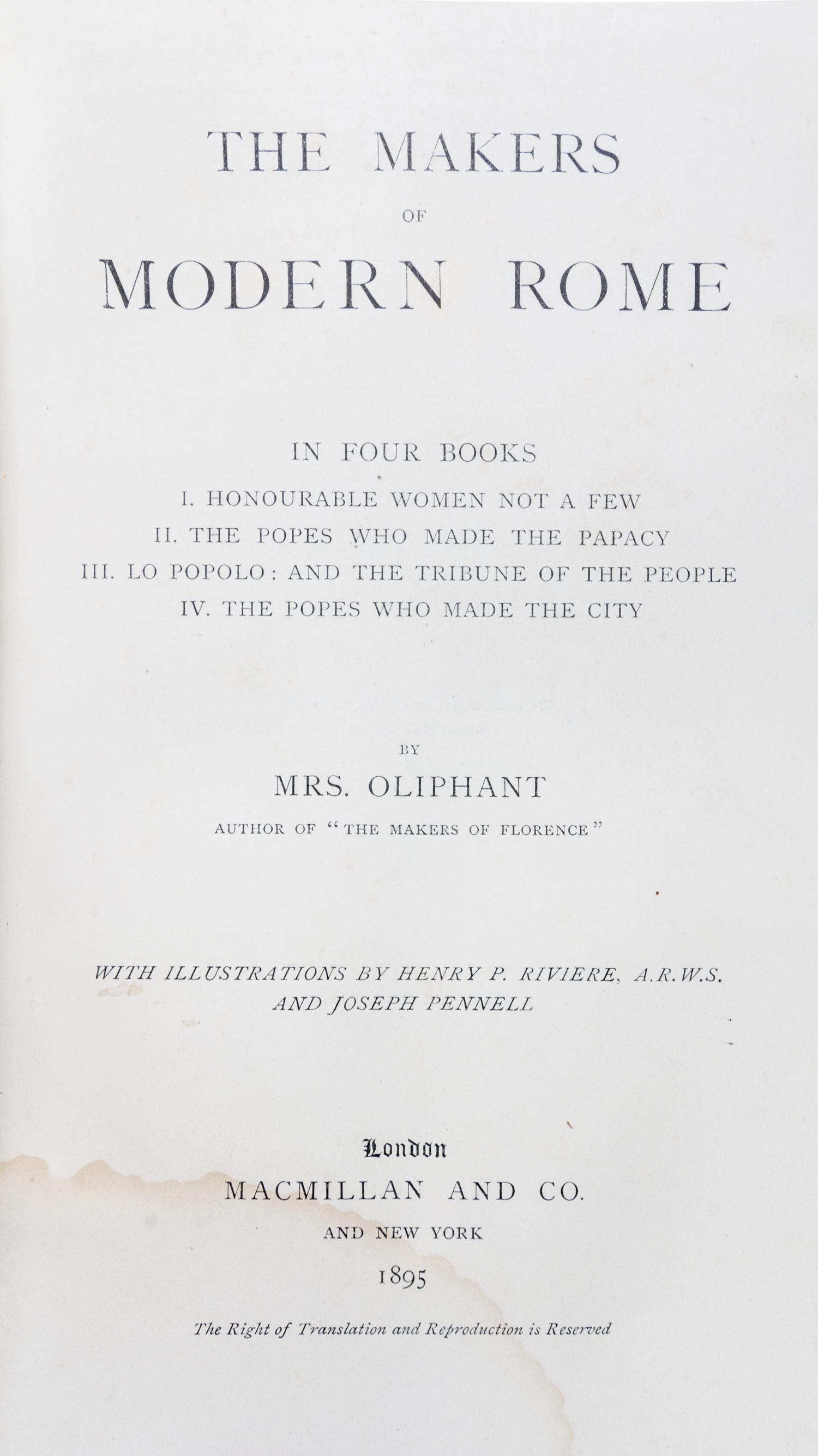 (FORE EDGE PAINTING) OLIPHANT, MRS. The Makers of Modern Rome. London, 1895. Fore edge painting by Winifred Arthur of Eternal City