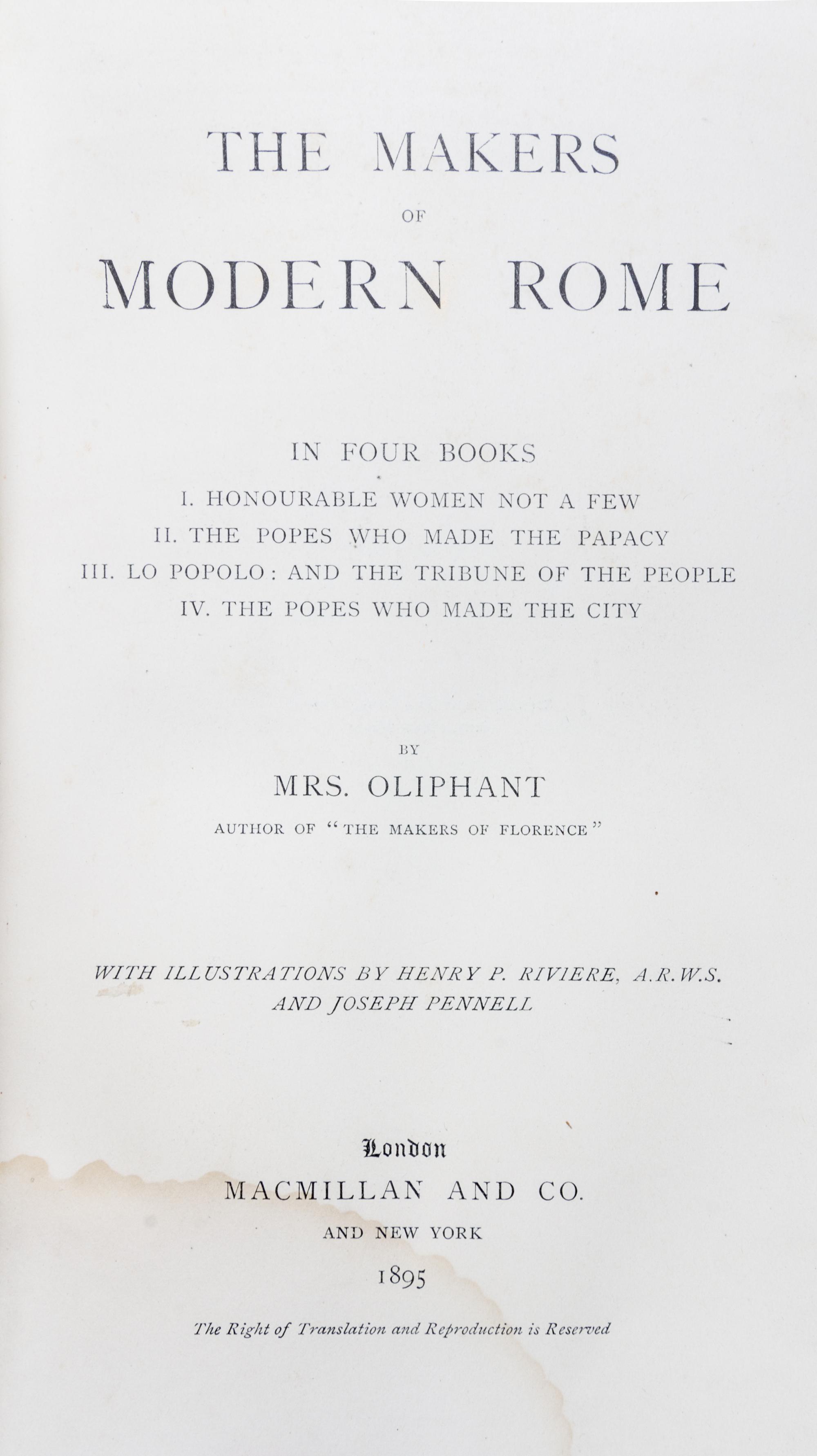 (FORE EDGE PAINTING) OLIPHANT, MRS. The Makers of Modern Rome. London, 1895. Fore edge painting by Winifred Arthur of Eternal City