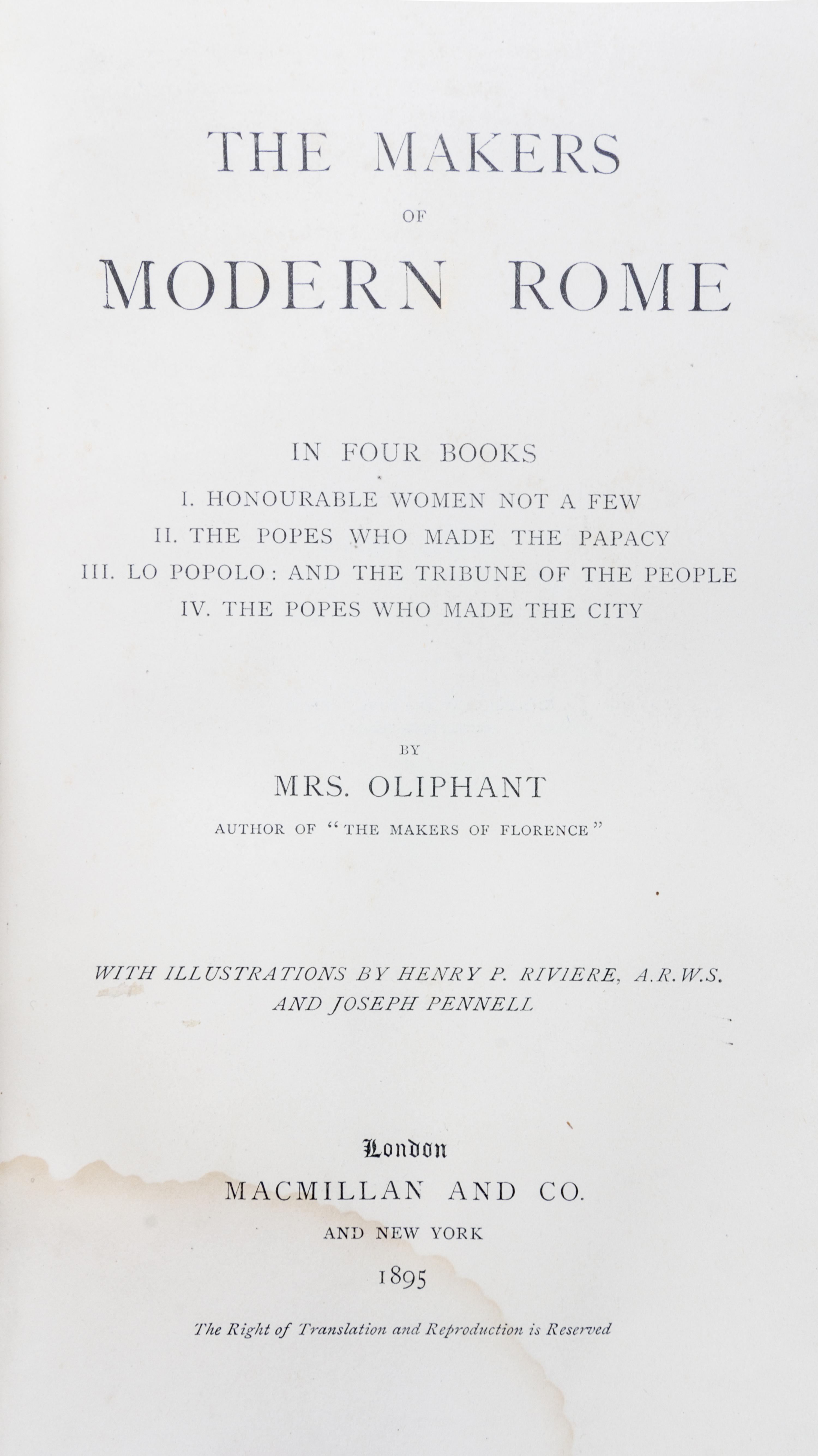 (FORE EDGE PAINTING) OLIPHANT, MRS. The Makers of Modern Rome. London, 1895. Fore edge painting by Winifred Arthur of Eternal City