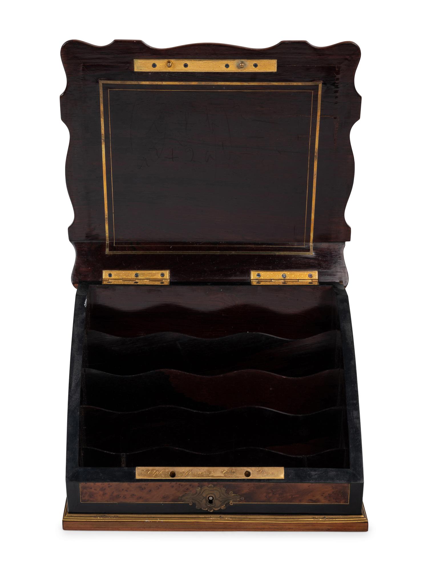 A French Mother-of-Pearl and Brass Inlaid Amboyna Letter Box
