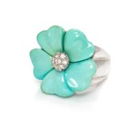 A White Gold, Turquoise and Diamond Flower Motif Ring, 8.10 dwts.