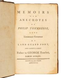 [GEORGIA]. THICKNESSE, Philip (1719-1792). Memoirs and Anecdotes of Philip Thicknesse, Late Lieutenant Governor of Land Guard Fort, and Unfortunately Father to George Touchet, Baron Audley. [London?]: Printed for the Author, 1788.