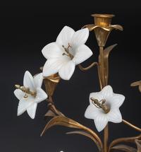 A Pair of French Gilt Metal and Opaline Glass Five-Light Floral Candelabra