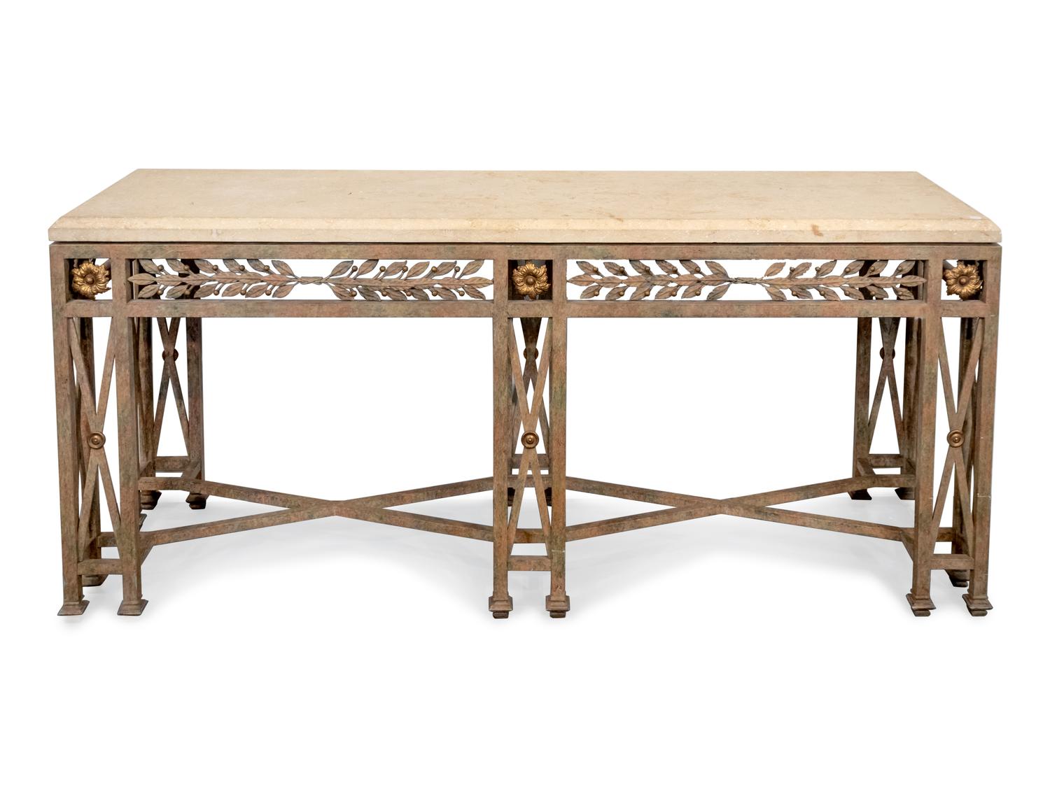 A Neoclassical Style Metal and Travertine Console