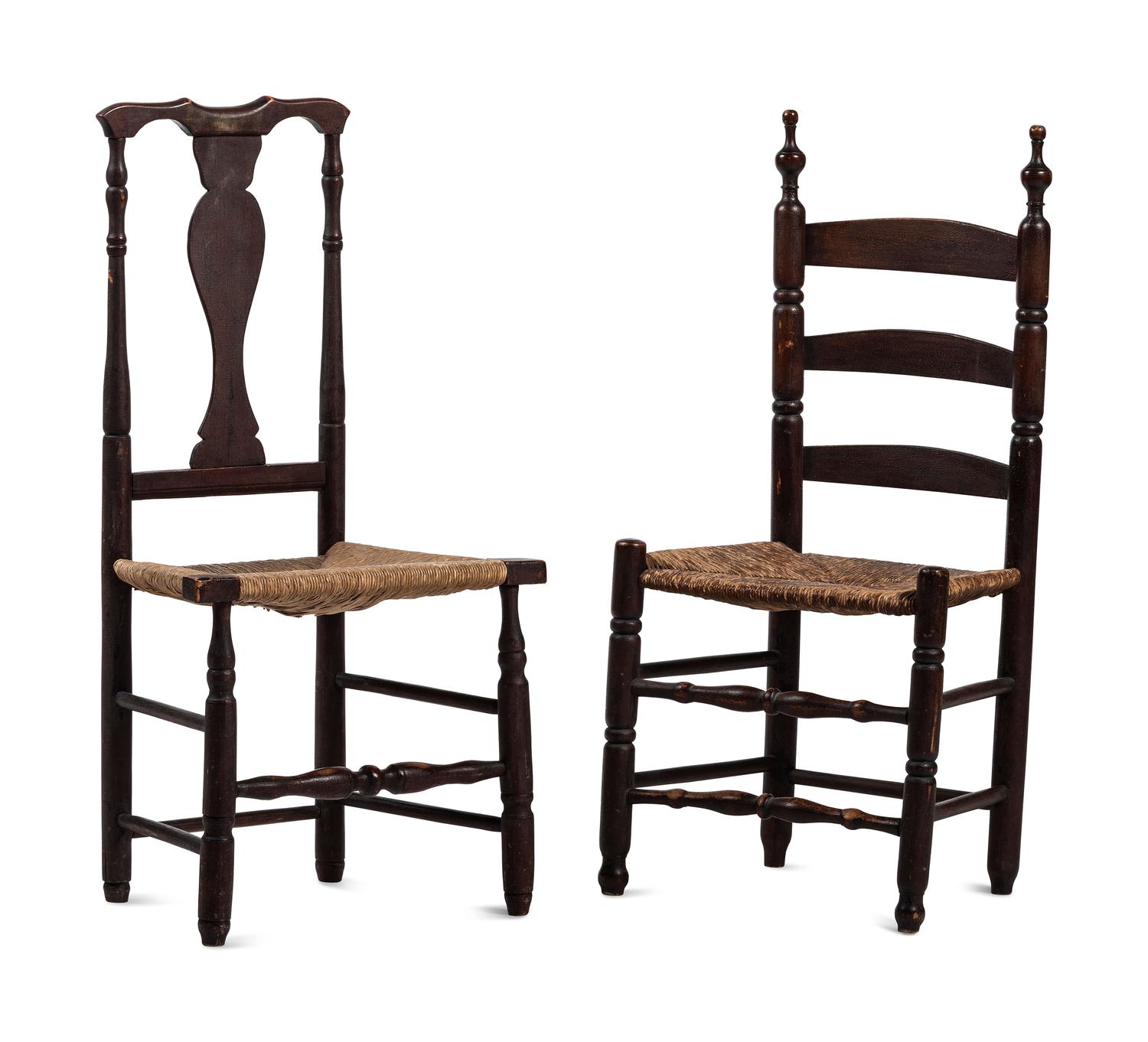 Two Turned and Brown Painted Rush-Seat Side Chairs