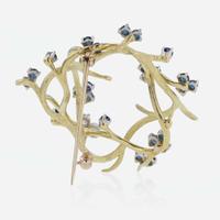 A 14K Yellow Gold, Diamond, and Sapphire Brooch