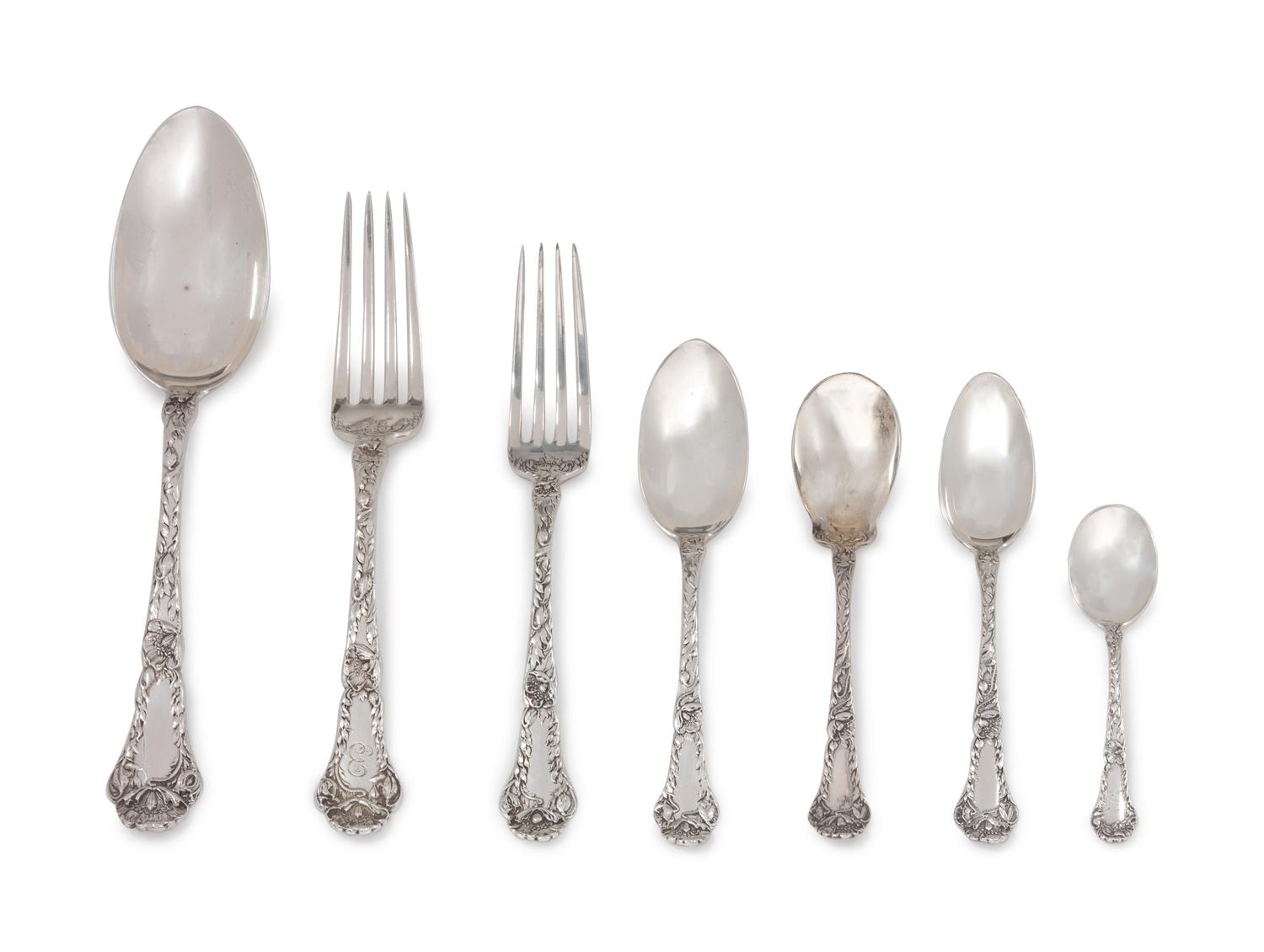 Poppy pattern, comprising: 3 dinner forks 6 luncheon forks 12 teaspoons 4 ice cream spoons 1 tablespoon 12 demitasse spoons 38 items total.