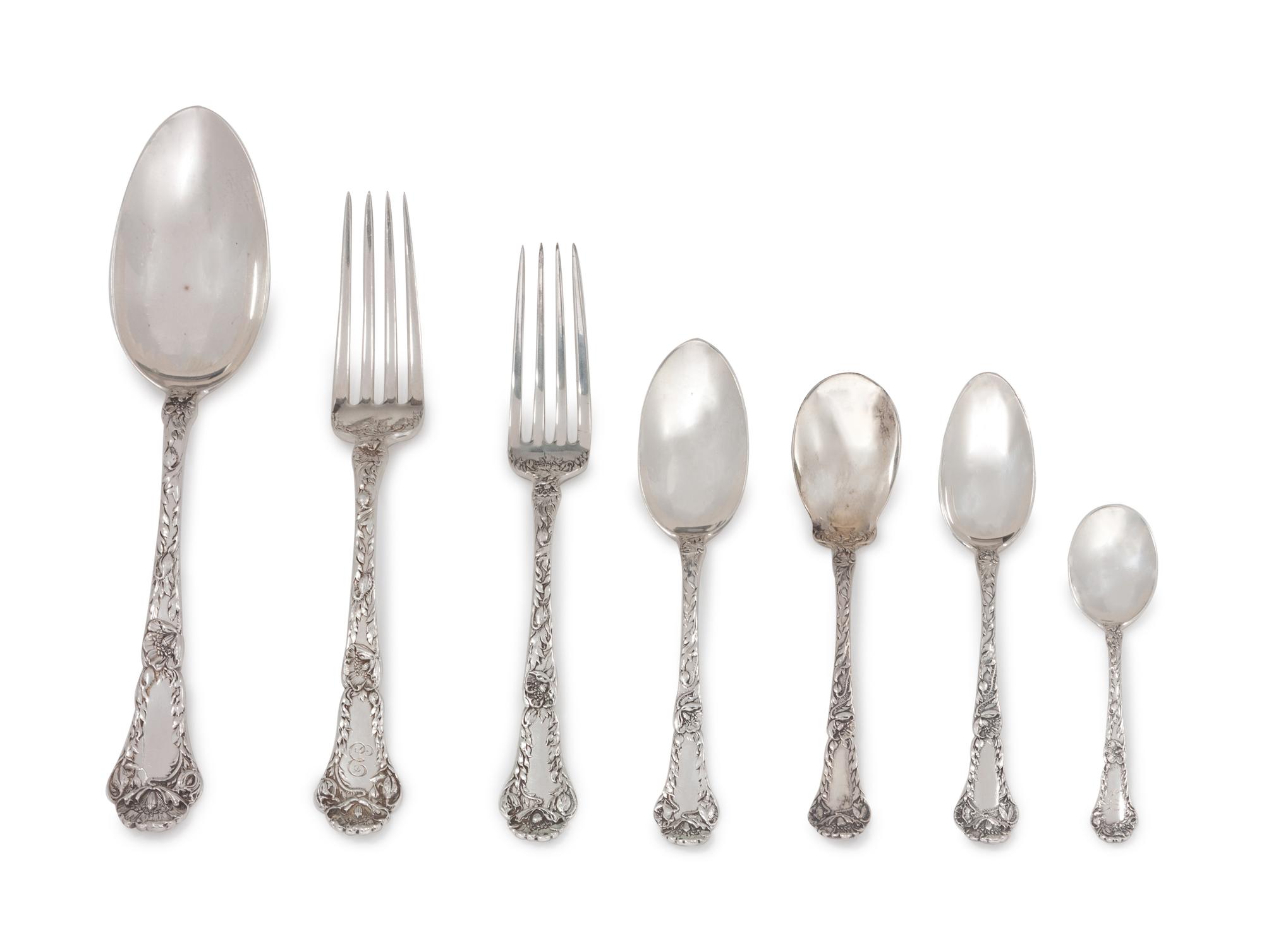 Poppy pattern, comprising: 3 dinner forks 6 luncheon forks 12 teaspoons 4 ice cream spoons 1 tablespoon 12 demitasse spoons 38 items total.