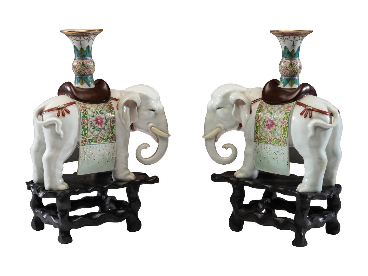 A Pair of Chinese Export Porcelain Elephant Candlesticks