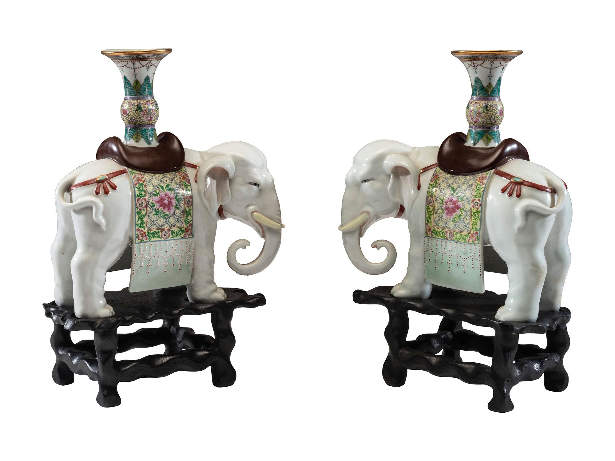 A Pair of Chinese Export Porcelain Elephant Candlesticks