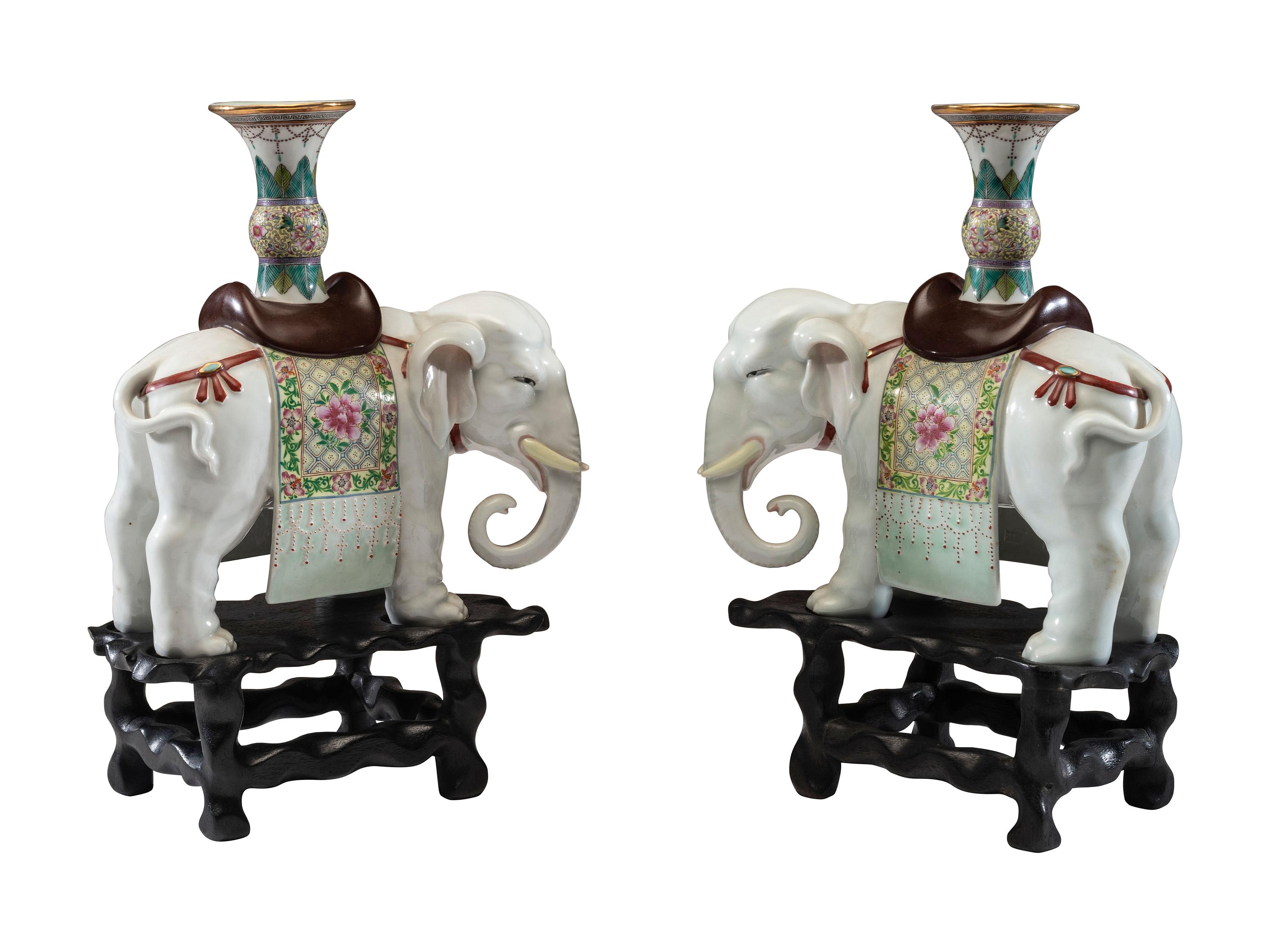 A Pair of Chinese Export Porcelain Elephant Candlesticks