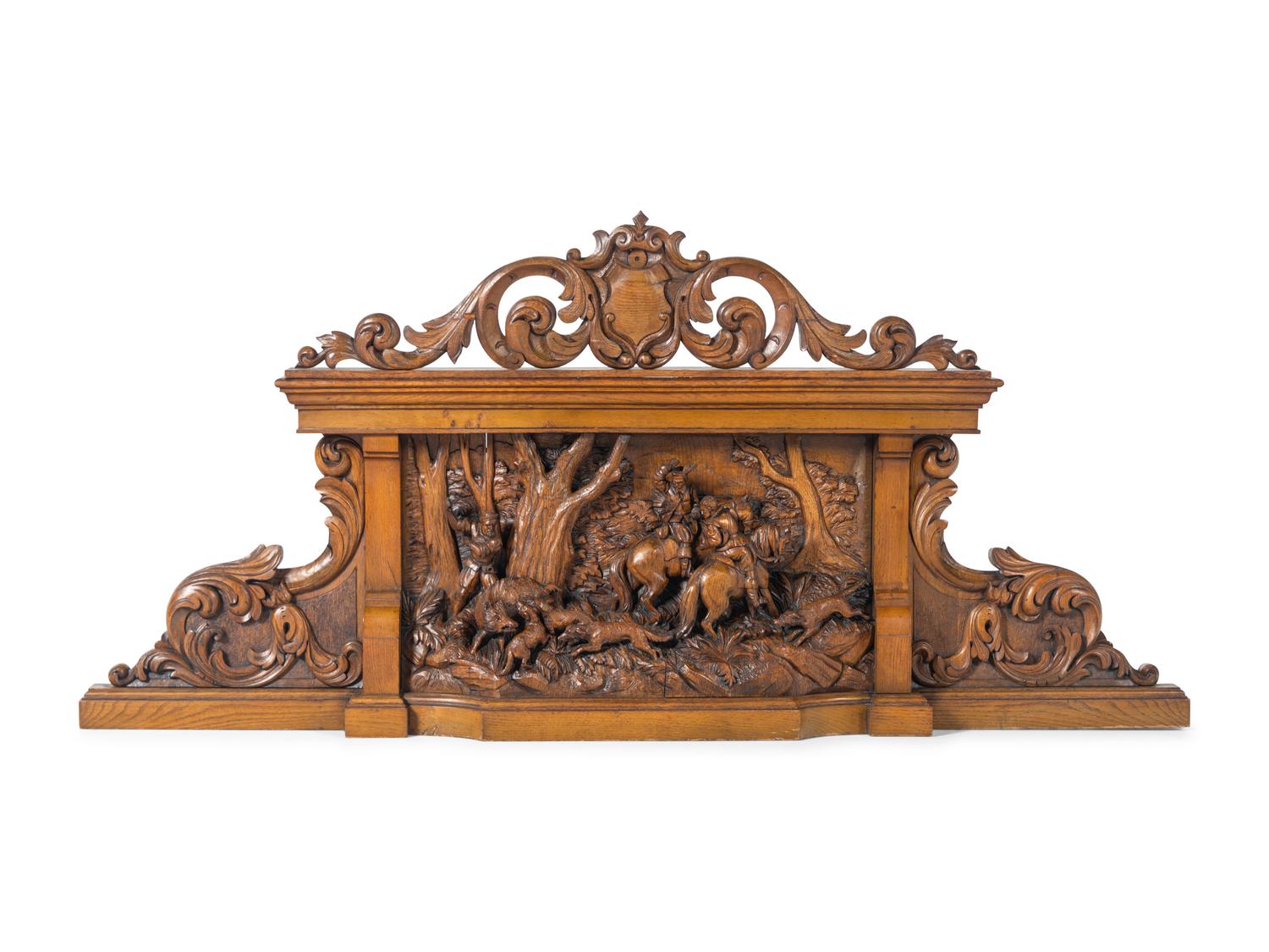 A Black Forest Style Carved Oak Overmantel Panel