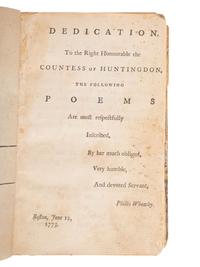 WHEATLEY, Phyllis (ca 1753-1784). Poems on Various Subjects, Religious and Moral . London: A. Bell, 1773.