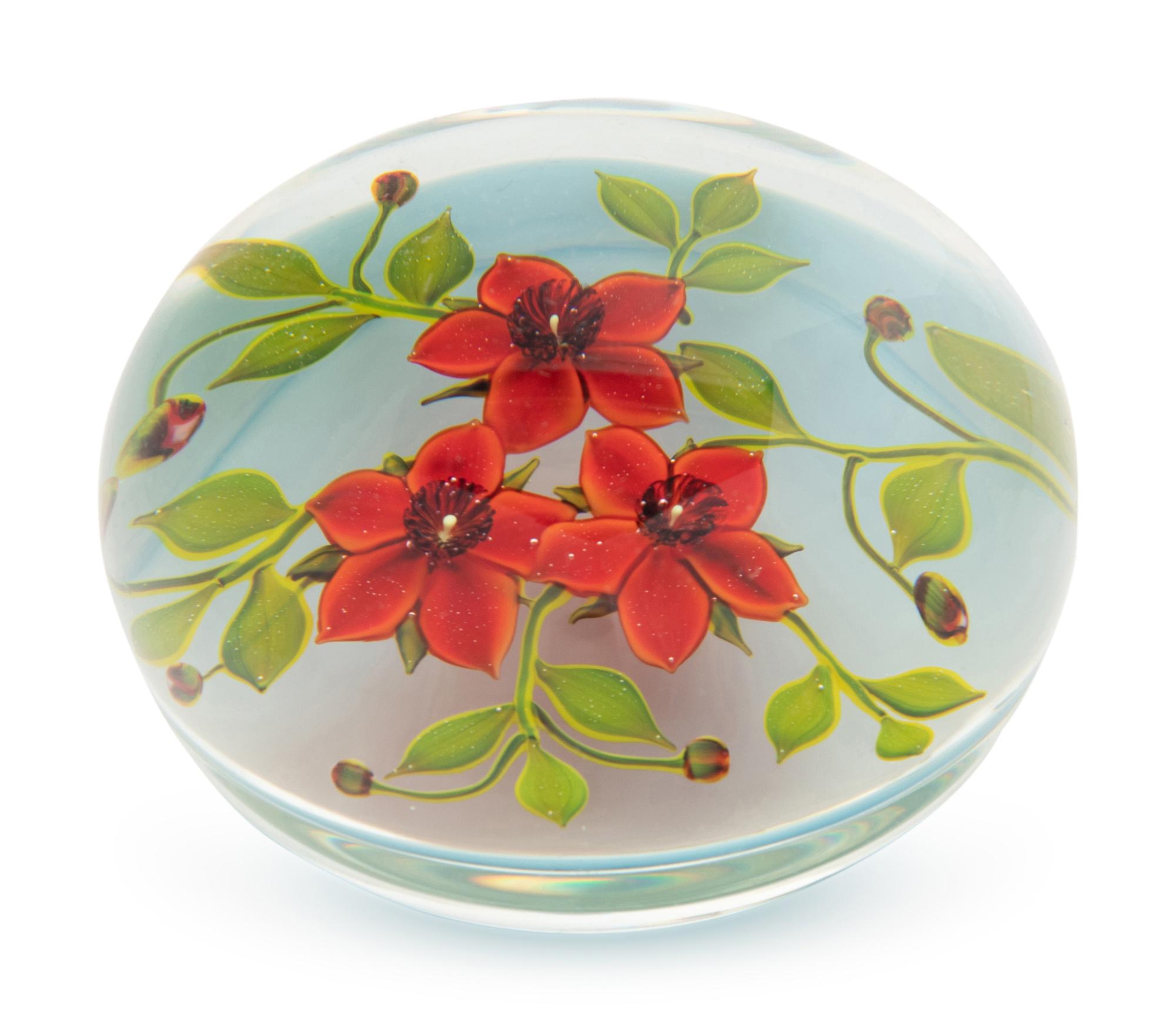 A Paul Stankard Red Wildflowers Glass Paperweight