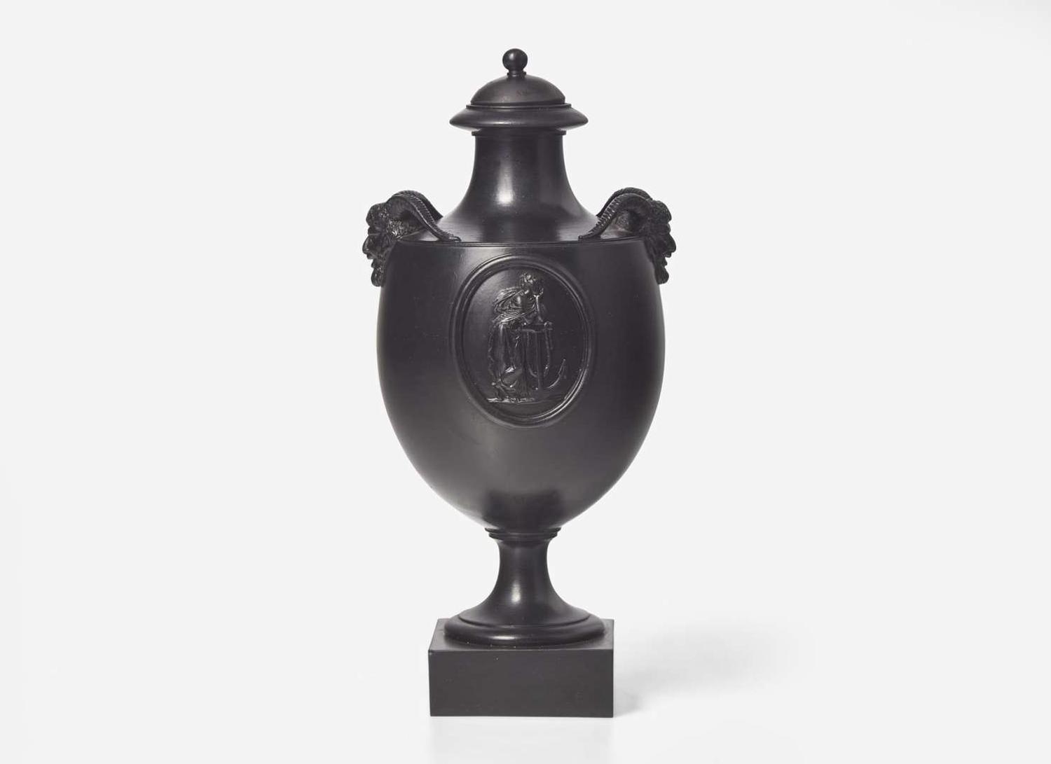 A Wedgwood & Bentley Black Basalt Vase and Cover with Satyr Head Handles, UK, 1770s