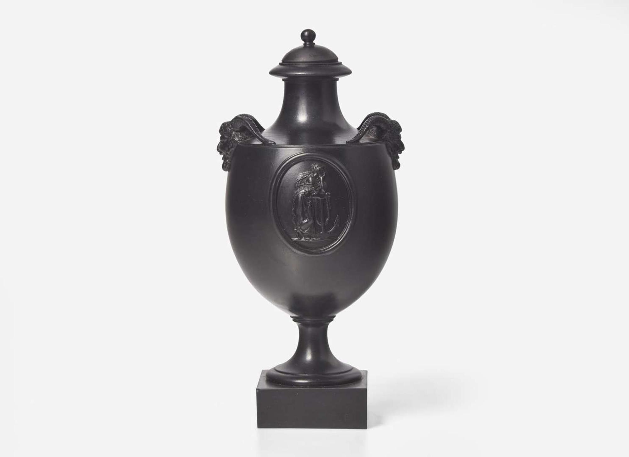 A Wedgwood & Bentley Black Basalt Vase and Cover with Satyr Head Handles, UK, 1770s