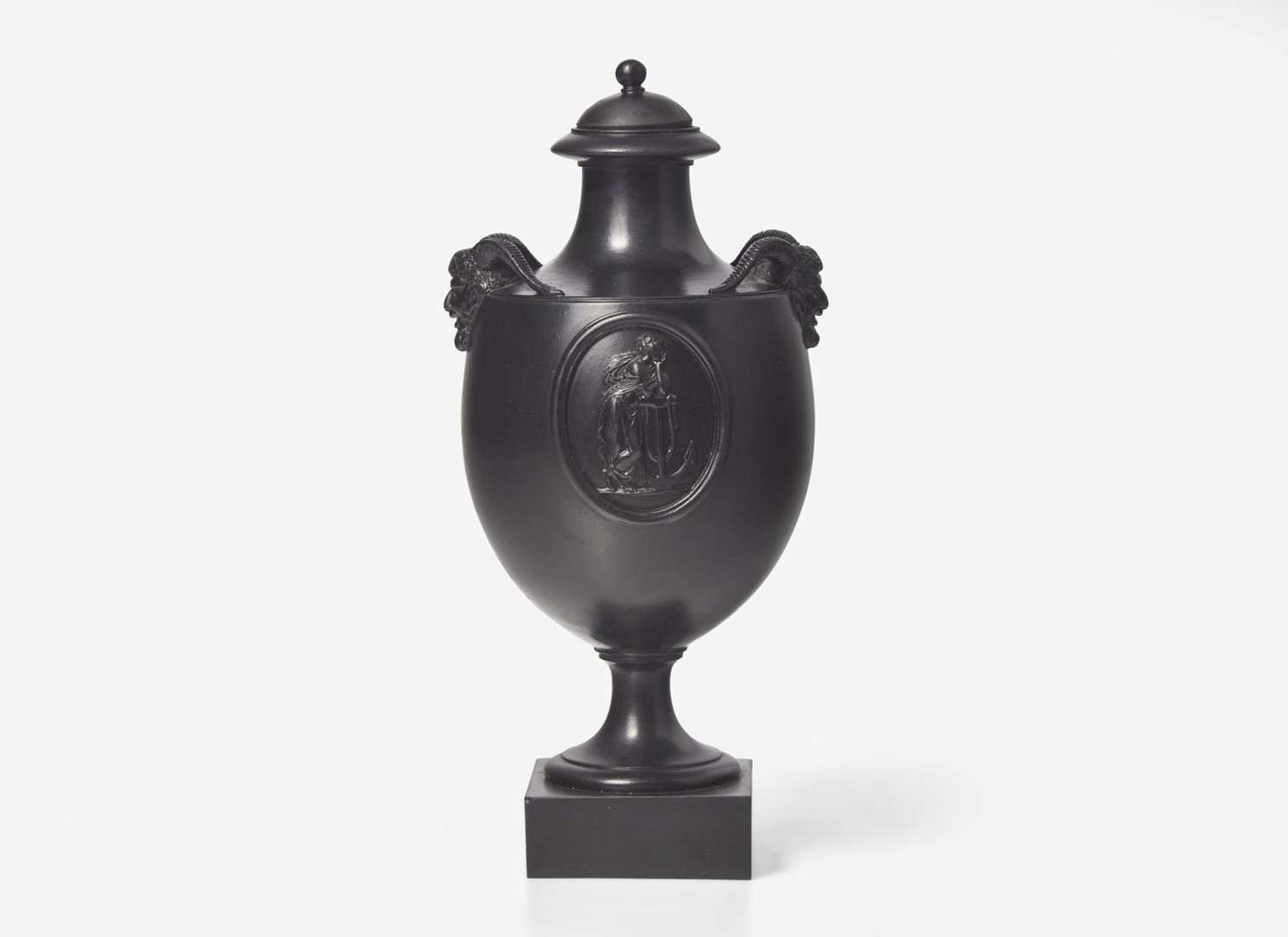 A Wedgwood & Bentley Black Basalt Vase and Cover with Satyr Head Handles, UK, 1770s