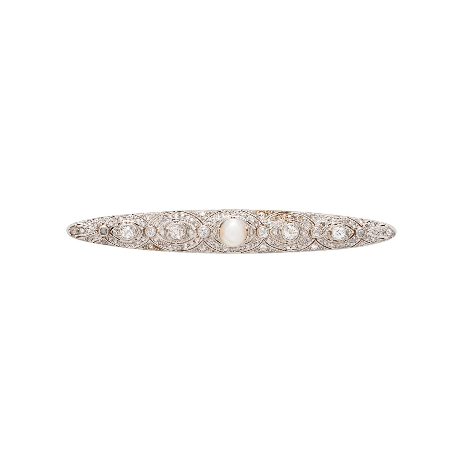 CULTURED PEARL AND DIAMOND BAR BROOCH