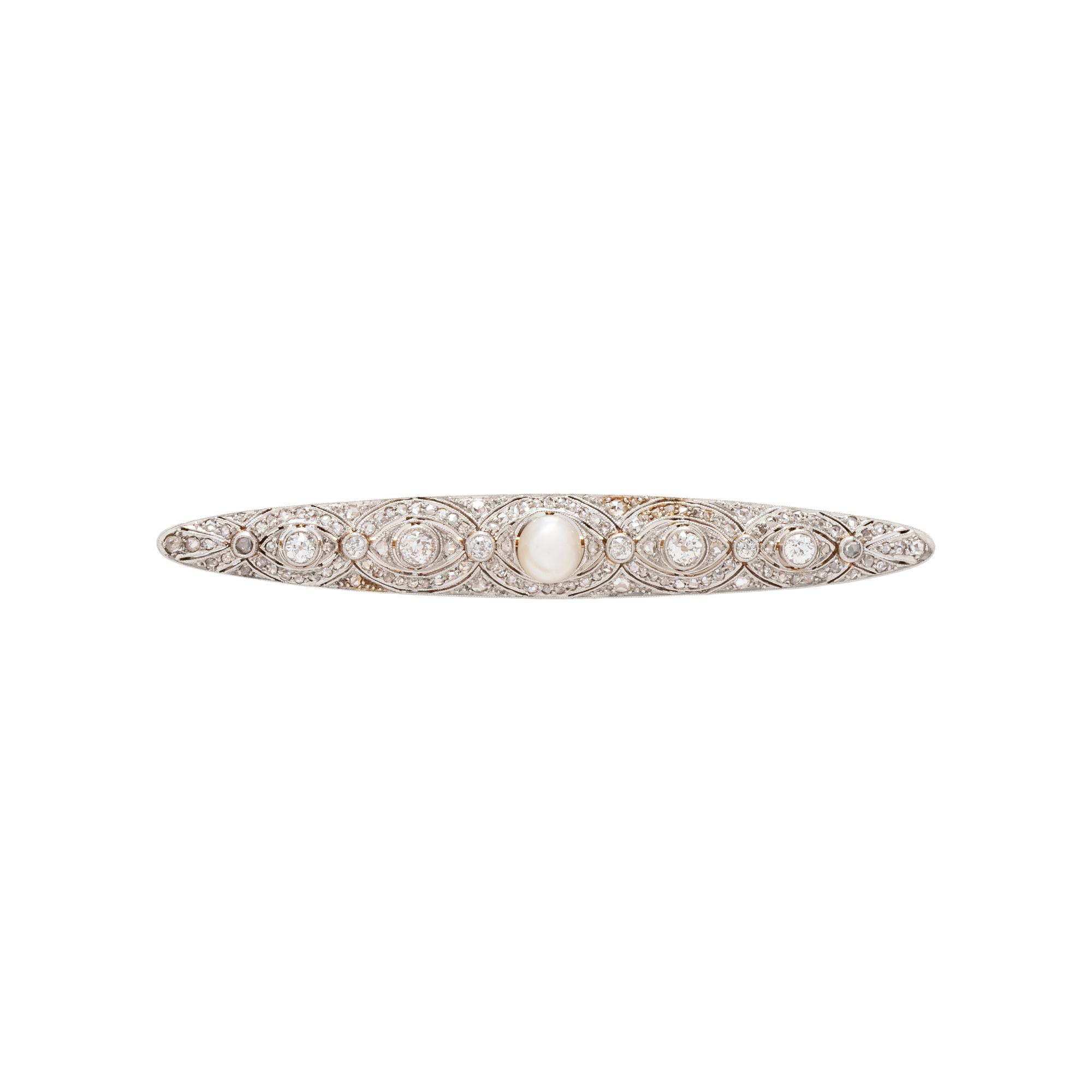 CULTURED PEARL AND DIAMOND BAR BROOCH