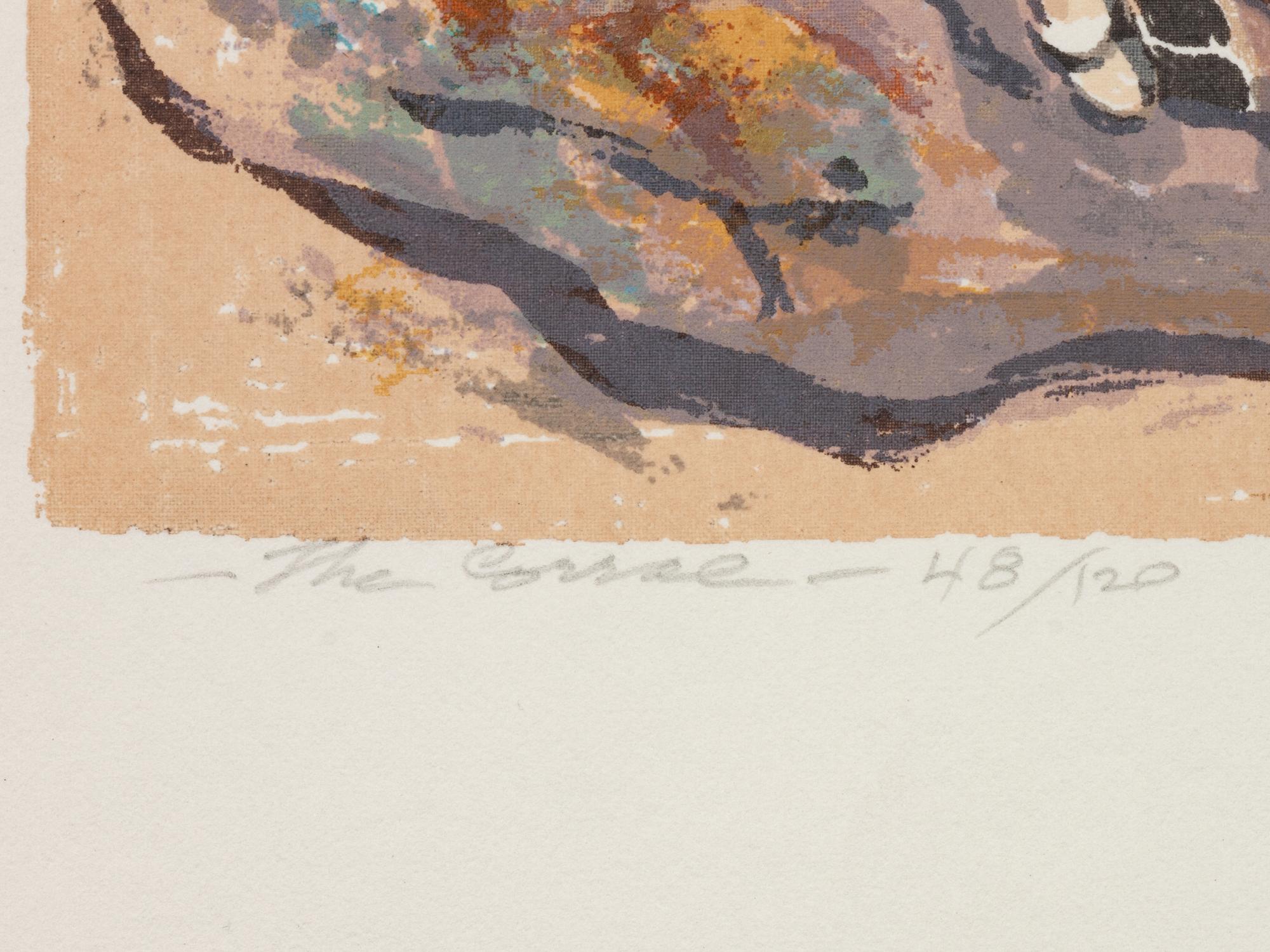 Four Works: Horse Play , edition 101/125; Basket Figure , edition 14/25; The Corral , edition 48/120; Home From the Fiesta - R. Vernon Hunter , edition 29/120