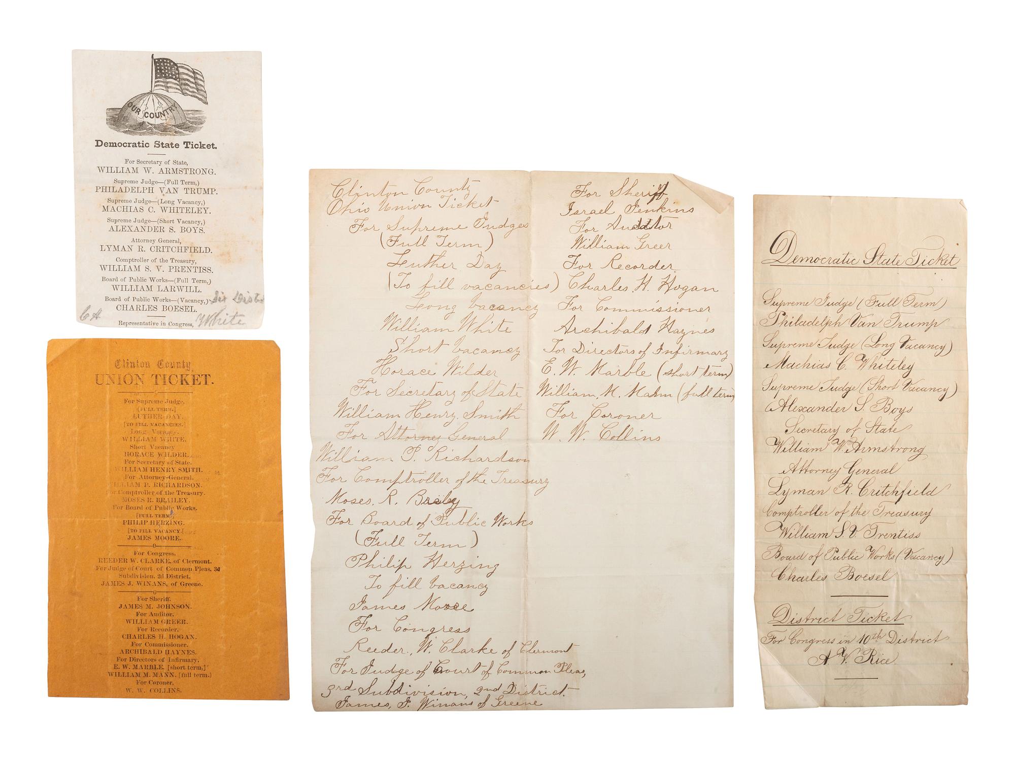 [POLITICS] -- [CIVIL WAR]. A group of 10 Ohio soldiers' ballots from the 1864 election, including Lincoln and Johnson.