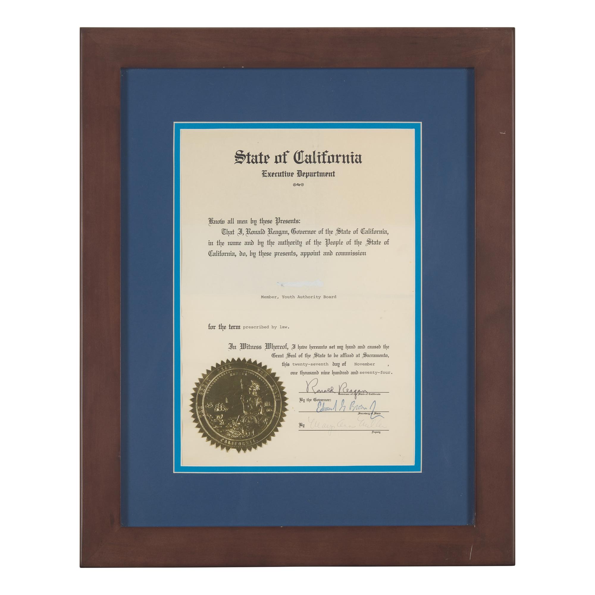 [Presidential] Reagan, Ronald. Partially-printed document, signed