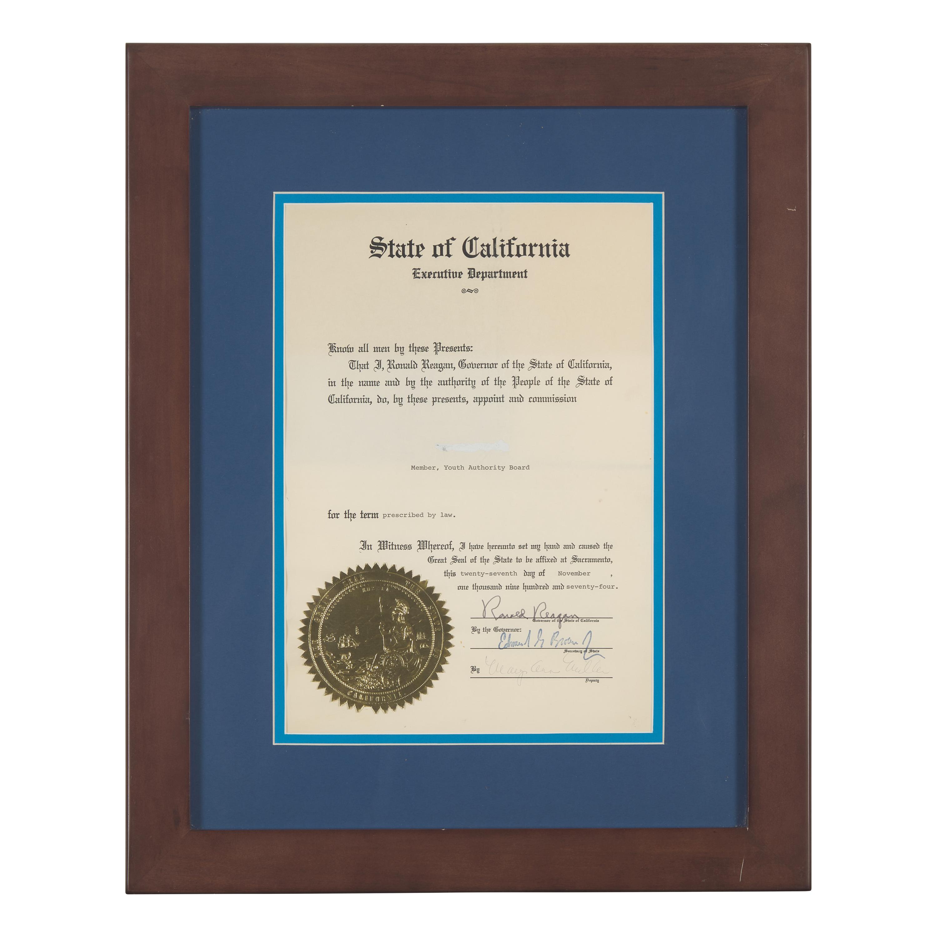 [Presidential] Reagan, Ronald. Partially-printed document, signed