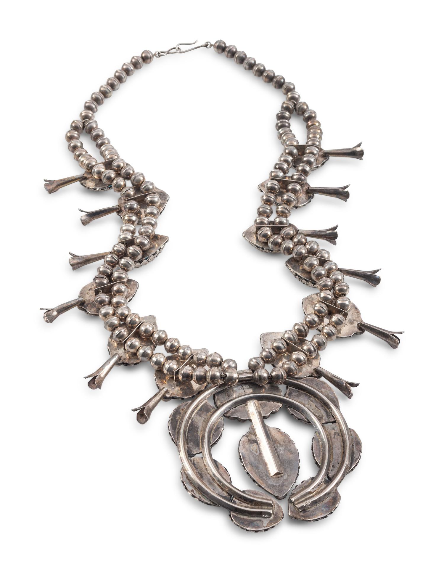 Navajo Silver and Turquoise Squash Blossom Necklace