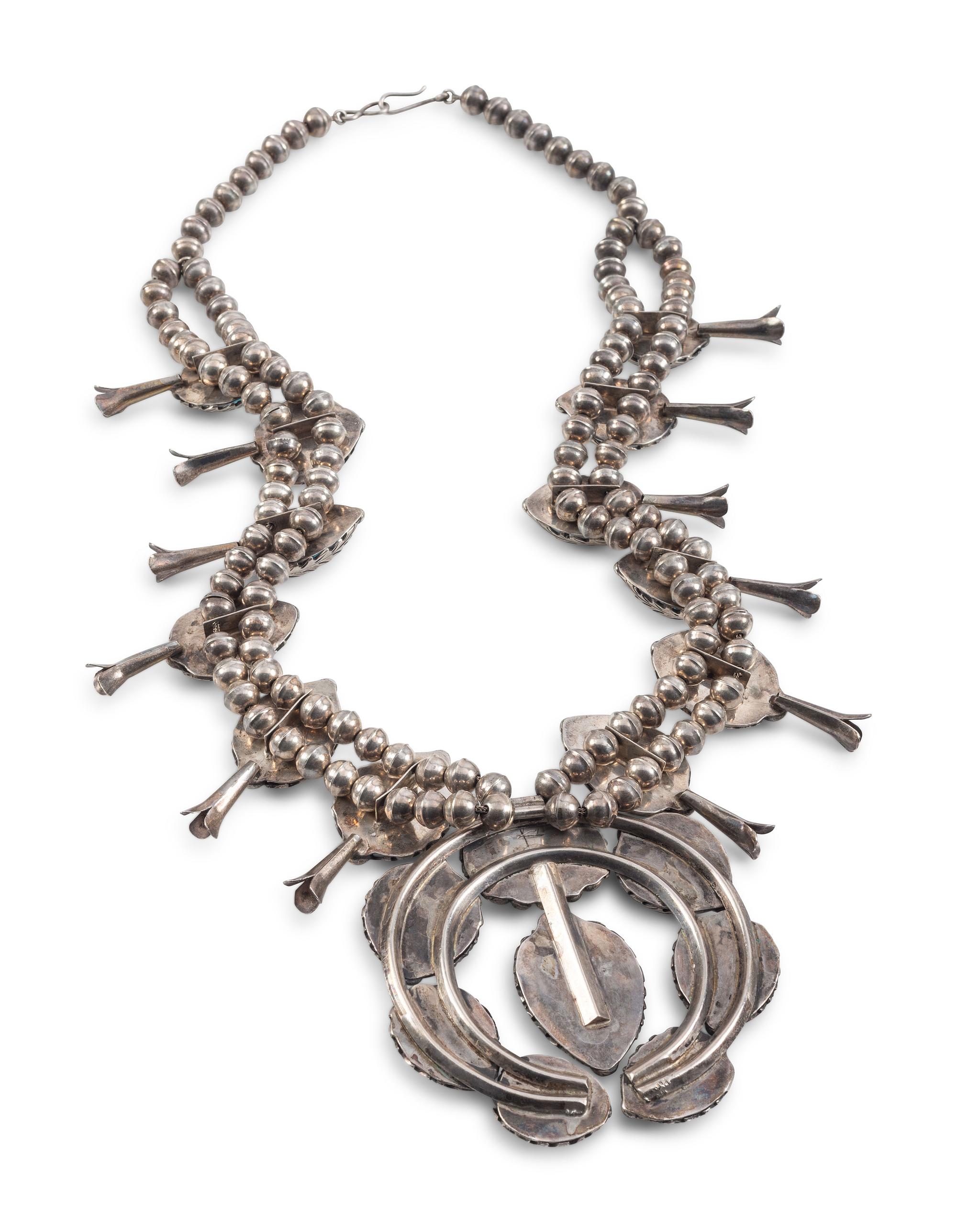 Navajo Silver and Turquoise Squash Blossom Necklace
