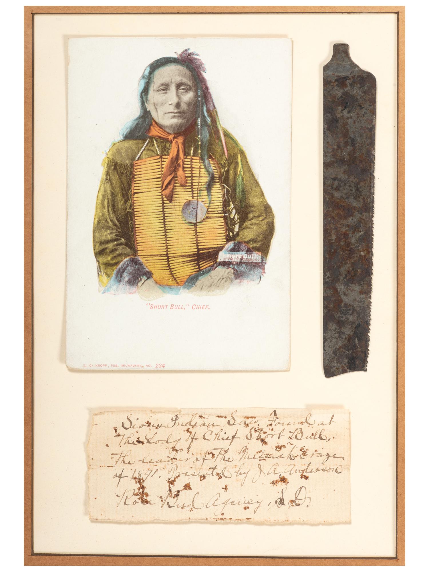 [NATIVE AMERICANS]. Sioux Indian saw found at the lodge of Chief Short Bull, presented by photographer J.A. Anderson. Red Cloud Agency, South Dakota.