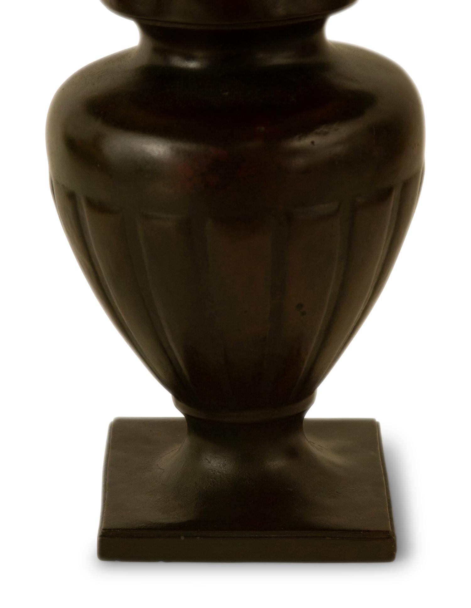 A Handel Patinated Metal Table Lamp With Reverse-Painted Glass Shade