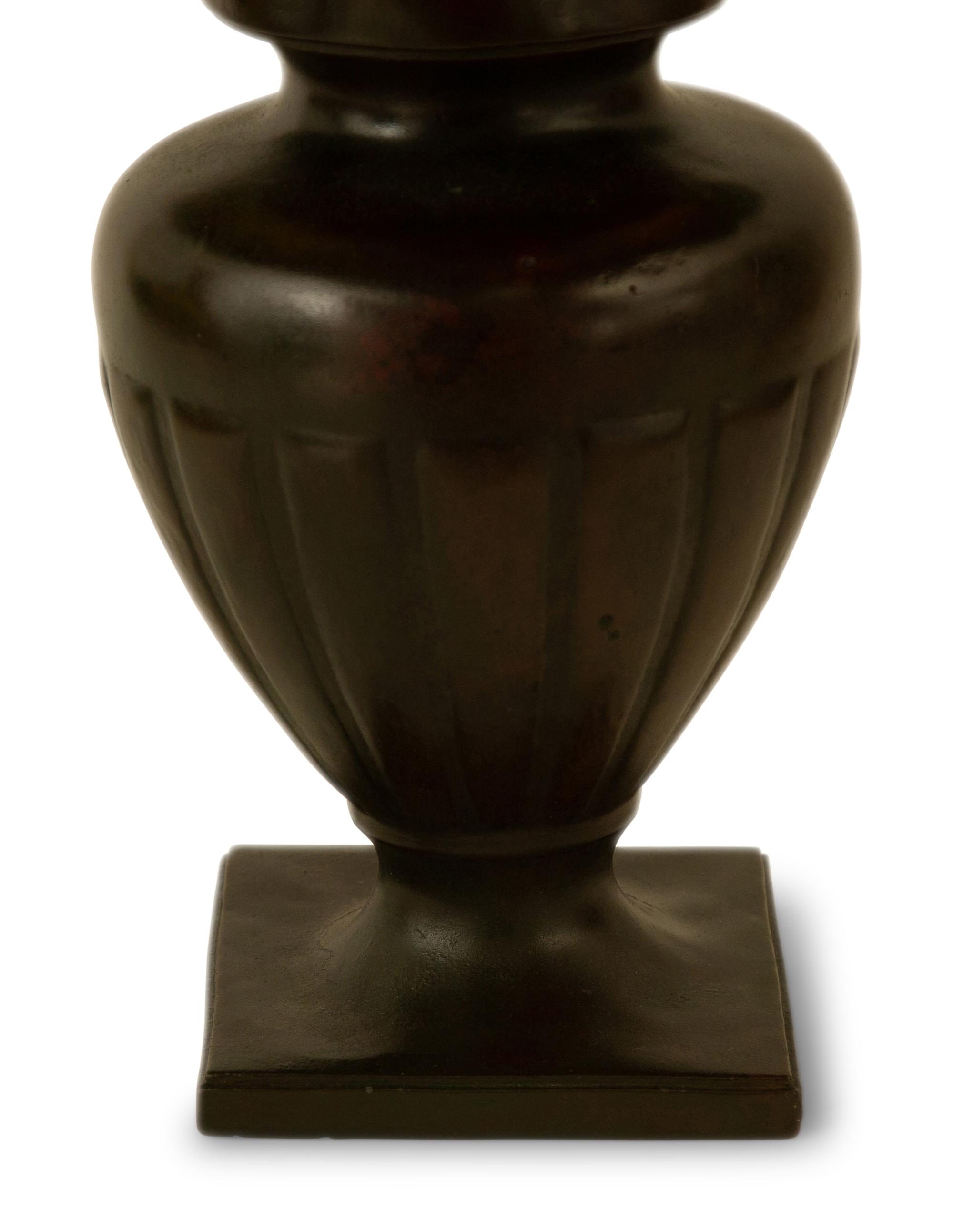 A Handel Patinated Metal Table Lamp With Reverse-Painted Glass Shade