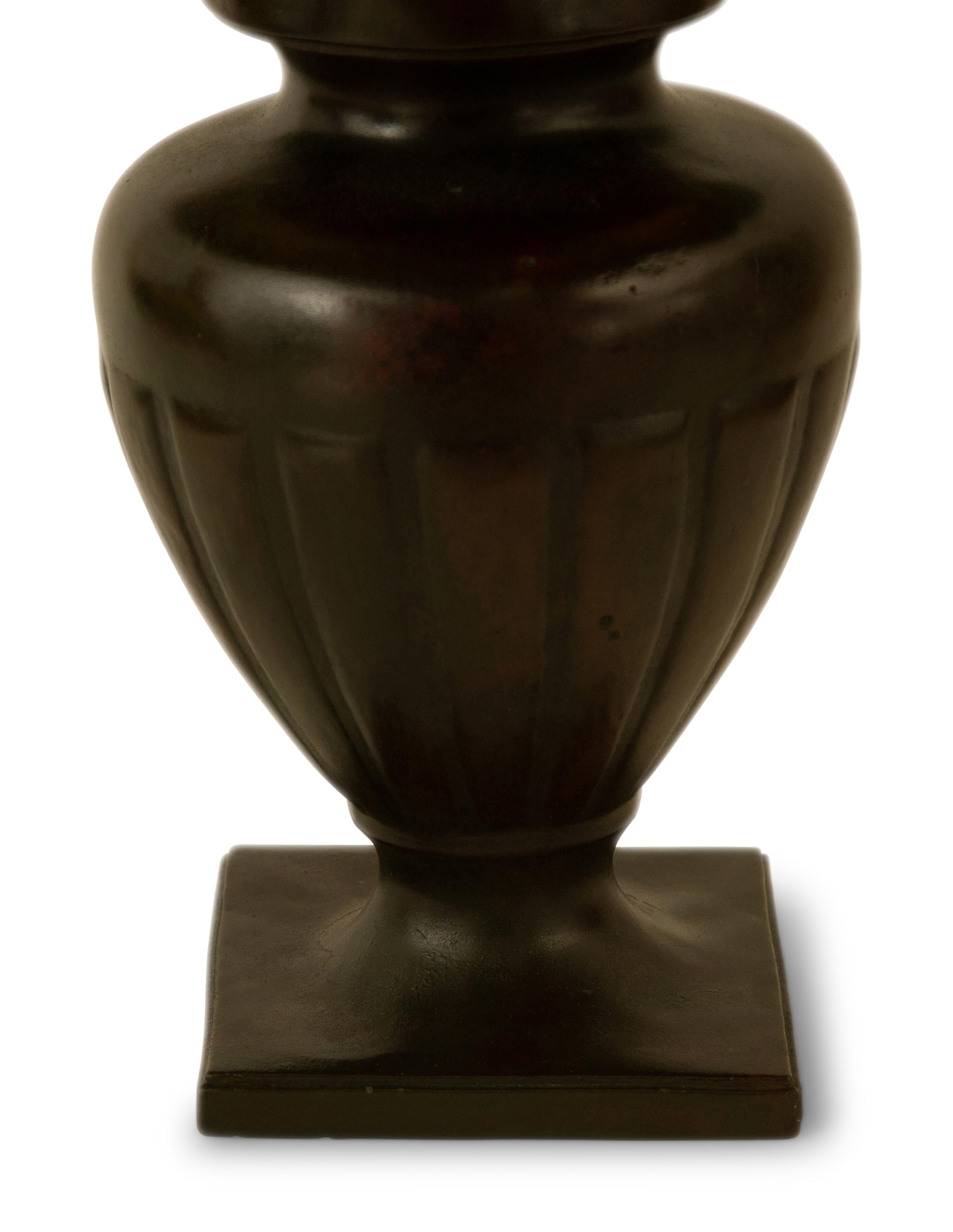 A Handel Patinated Metal Table Lamp With Reverse-Painted Glass Shade