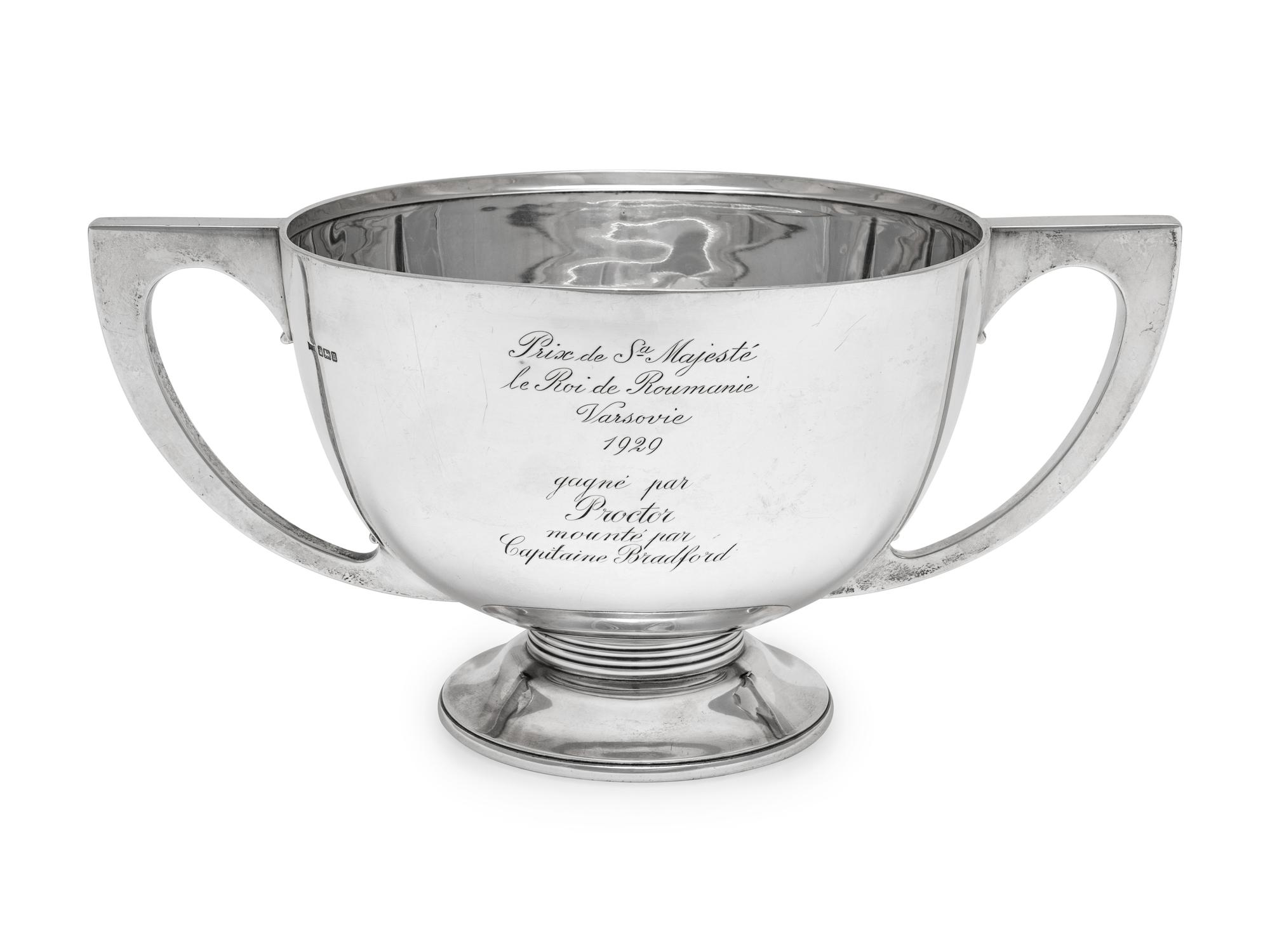 An Asprey & Co. Silver Twin-Handled Horse Jumping Trophy