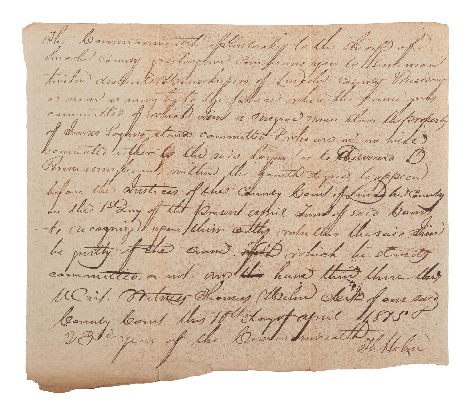 [ENSLAVEMENT & ABOLITION]. A collection of 4 documents related to the arrest and trial of enslaved men "Stephen" and "Jim," who were convicted of stealing. Lincoln County, KY. 1815.